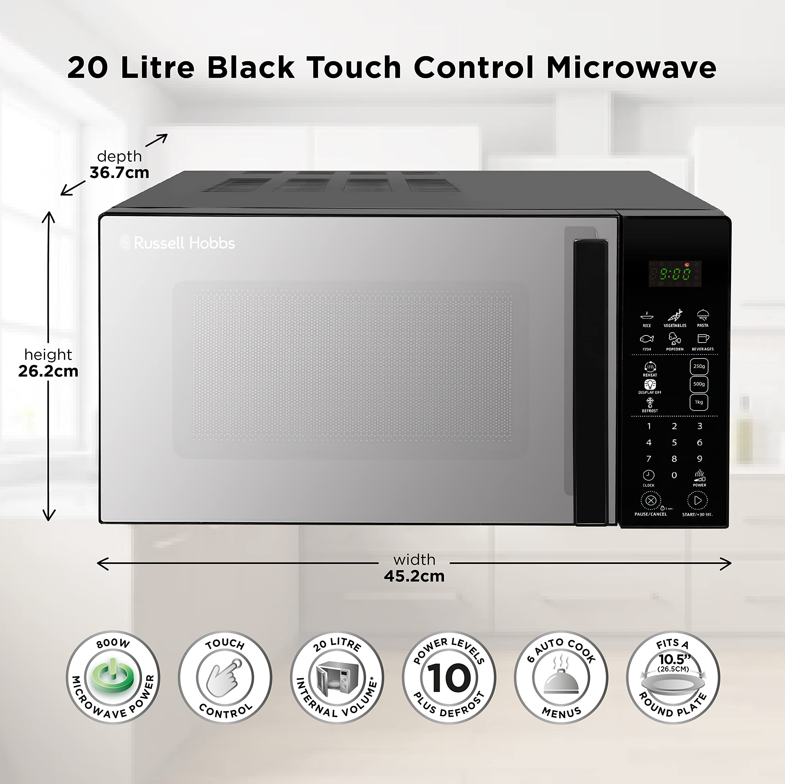 Russell Hobbs RHMT2004B 20L 800W Black Touch Control Digital Microwave Oven - 10 Power Levels, 6 Auto Cook Menus, Defrost Function, Clock & Timer - Perfect for Small Kitchens, Dorms & Offices