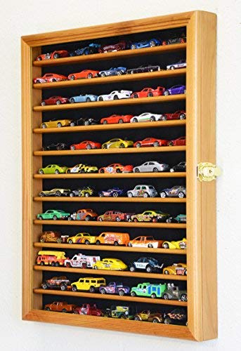 Hot Wheels & Matchbox 1/64 Scale Diecast Car Display Case with UV Protection - Wall Mounted Oak Cabinet for Collectors - Perfect for Home, Office & Game Room Decor
