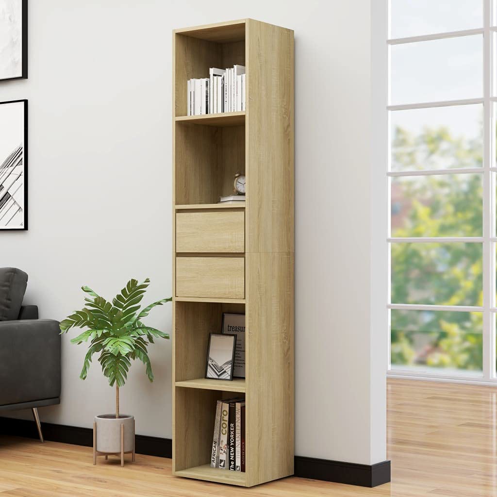 Queen.Y 5-Tier Bookcase with 2 Drawers - Modern Wooden Bookshelf for Home Office, Living Room & Bedroom - Storage Shelf for Books, Plants, Decor & Display - Brown Open Shelf Organizer