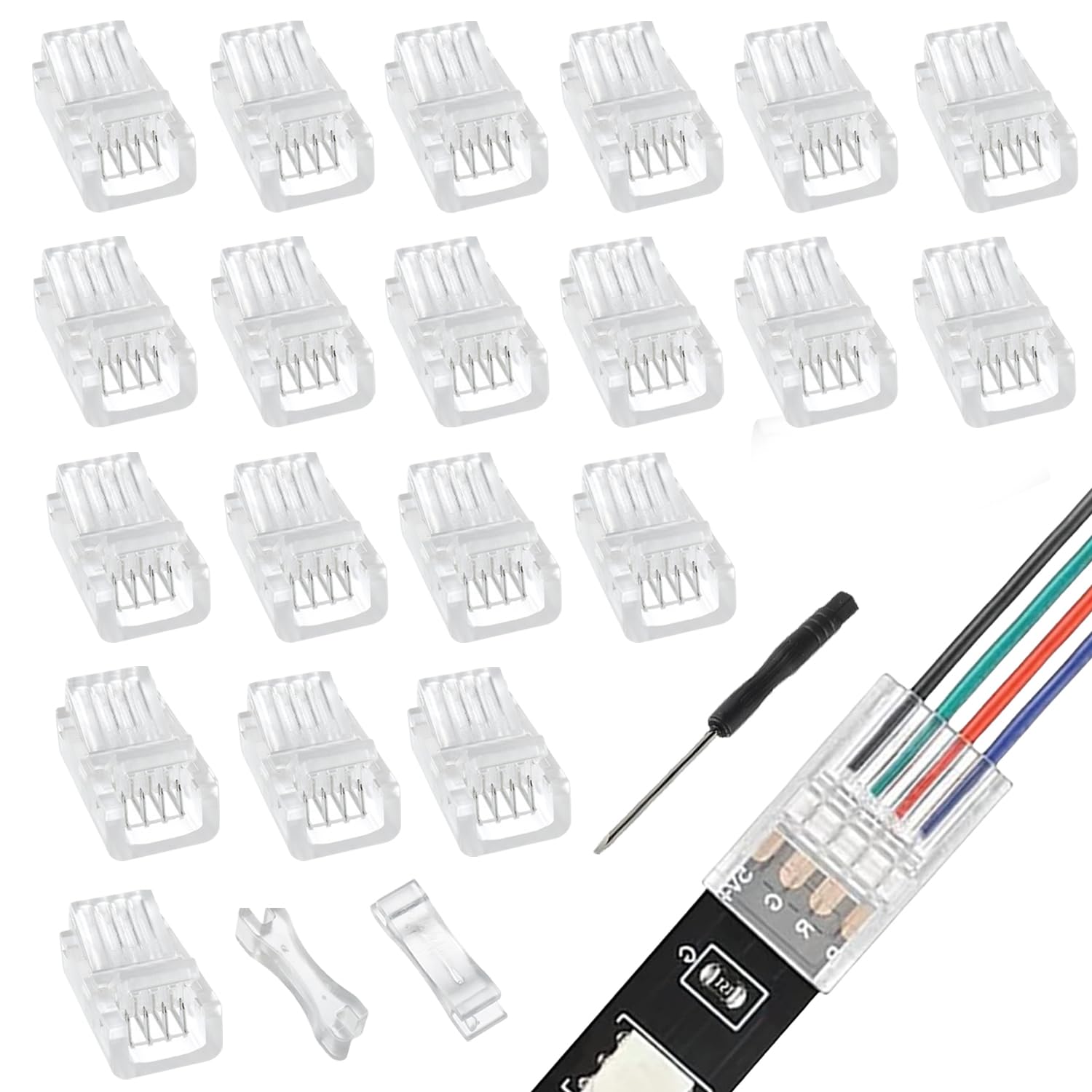 4 Pin 8mm LED Strip Connector - 20pcs Clear Unwired Gapless Quick Connect Adapter for 5050 RGB LED Light Strips | Perfect for Home Theater, Gaming Setup & DIY Lighting Projects