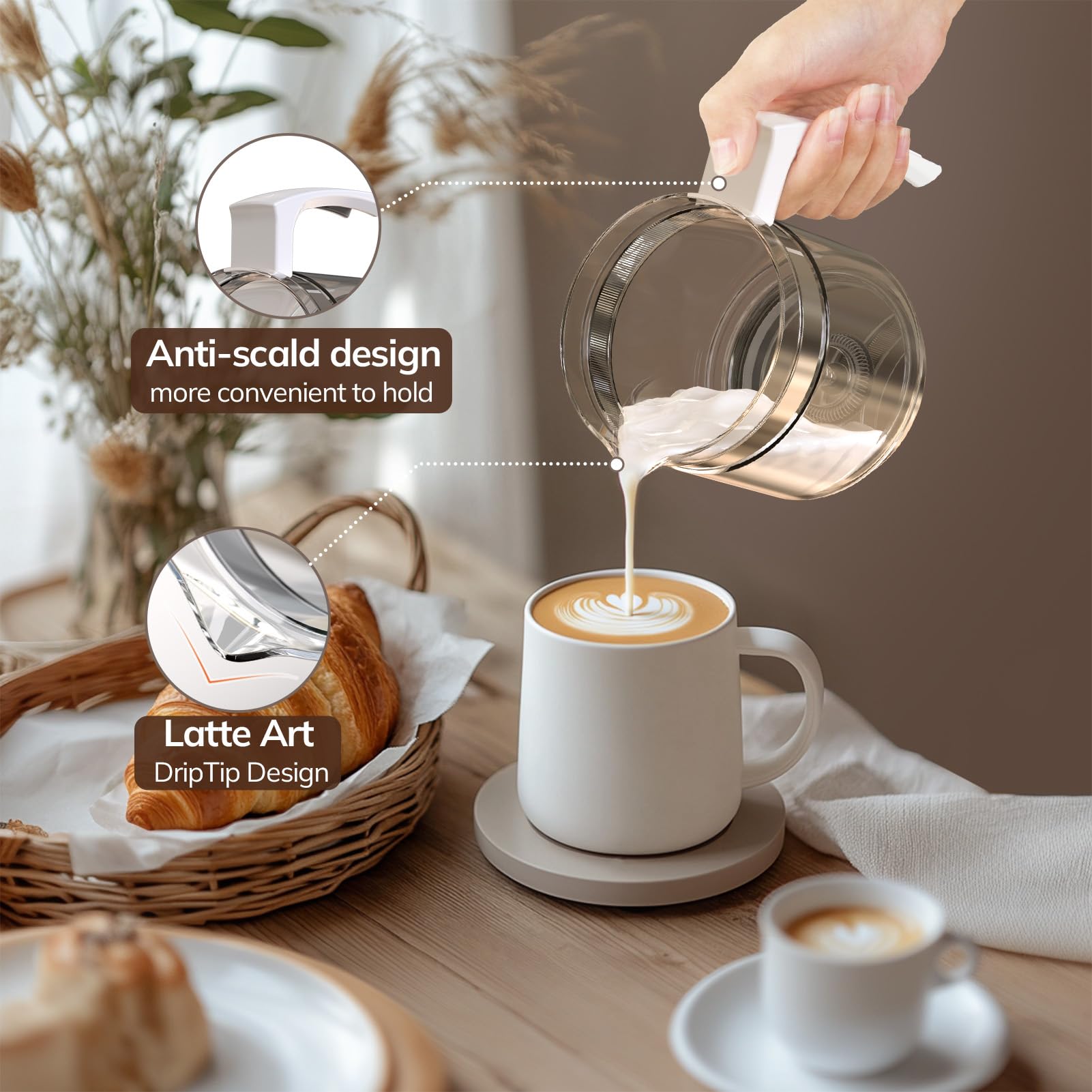 Electric Milk Frother and Steamer - 16.9oz/500ml BPA-Free Milk Frother for Latte, Cappuccino & Hot Chocolate, 4-in-1 Multifunction, Dishwasher Safe, Fast 2-Min Frothing - Perfect for Home Coffee Bars, Office Use & Gift Giving (White)