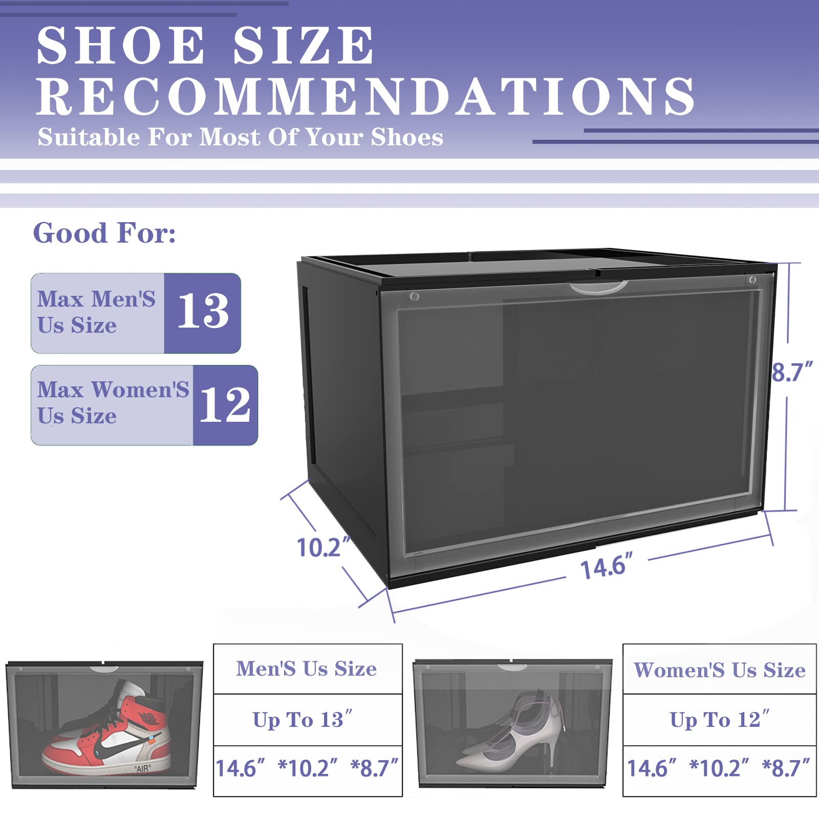 Reitu 3 Pack Clear Plastic Stackable Shoe Storage Boxes - Front Opening Drawer Organizer Bins for Closet, Underbed & Entryway (Deep Black) | Space Saving Shoe Containers for Men & Women