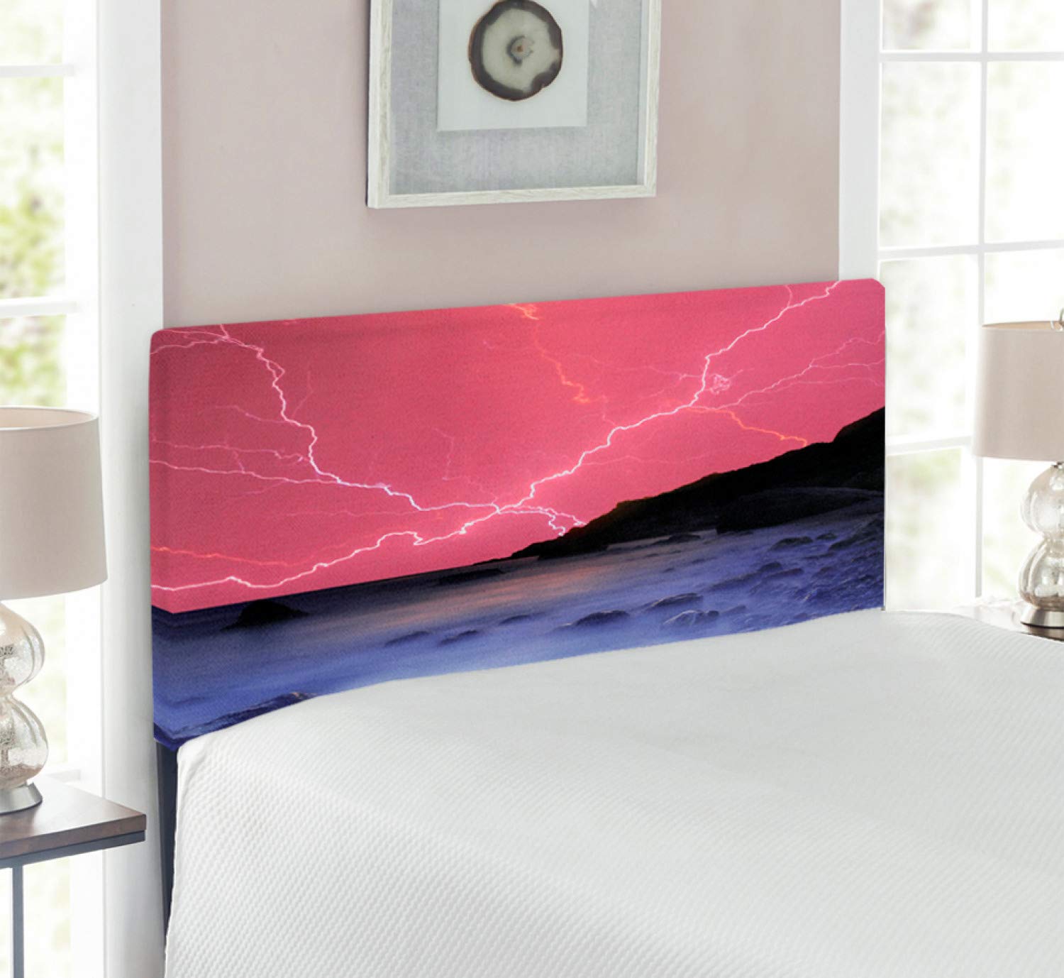 Ambesonne Nature Headboard - Twin Size Upholstered Metal Bed Frame with Memory Foam, Vibrant Thunderstorm & Colorful Sky Design in Pink Grey | Perfect for Kids Rooms, Guest Bedrooms & Modern Home Decor
