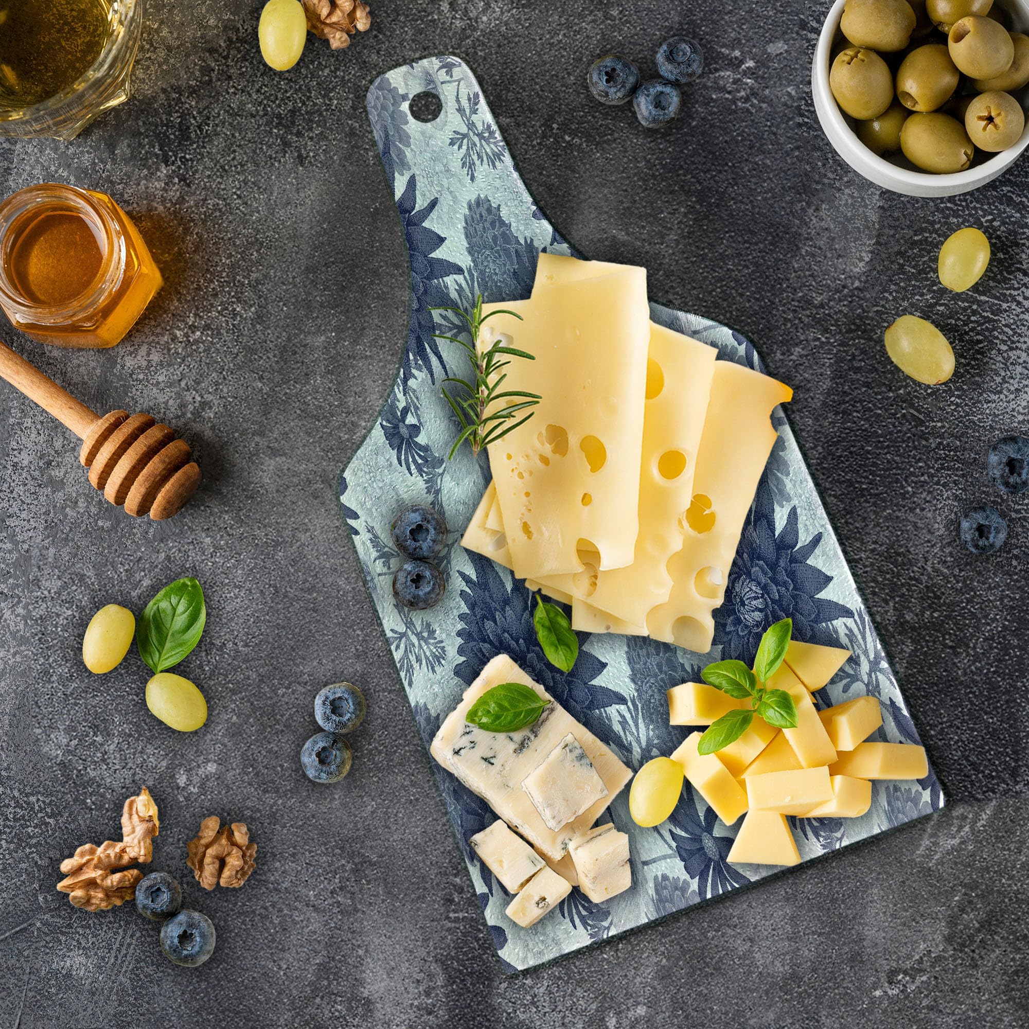 Ambesonne Dahlia Flower Tempered Glass Cutting Board - Decorative Wine Bottle Shape Serving Board with Dotted Digital Paint Design - Blue & White - Perfect for Kitchen, Dining, Party & Gift Giving