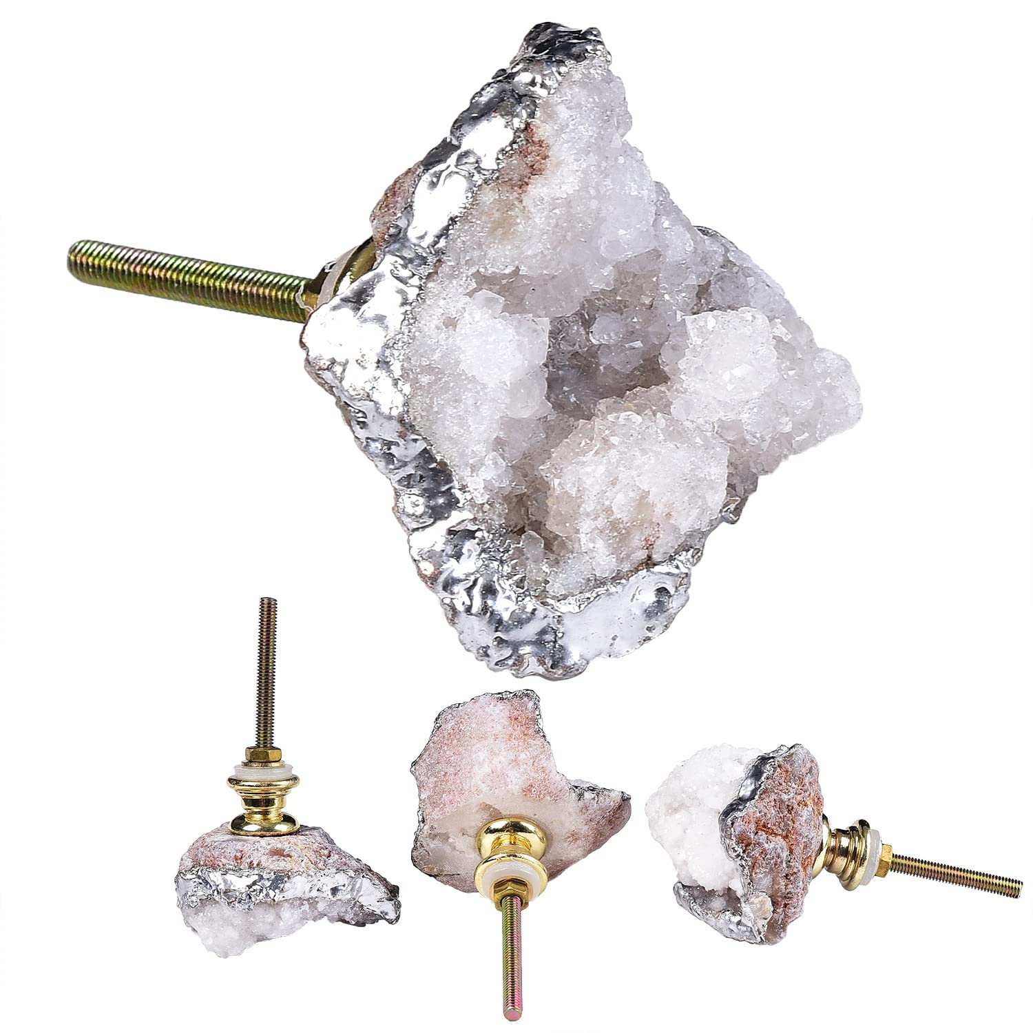 AMOYSTONE Crystal Geode Drawer Knobs - Natural White Silver-Plated Cabinet Handles (Set of 4) for Home & Office Decor