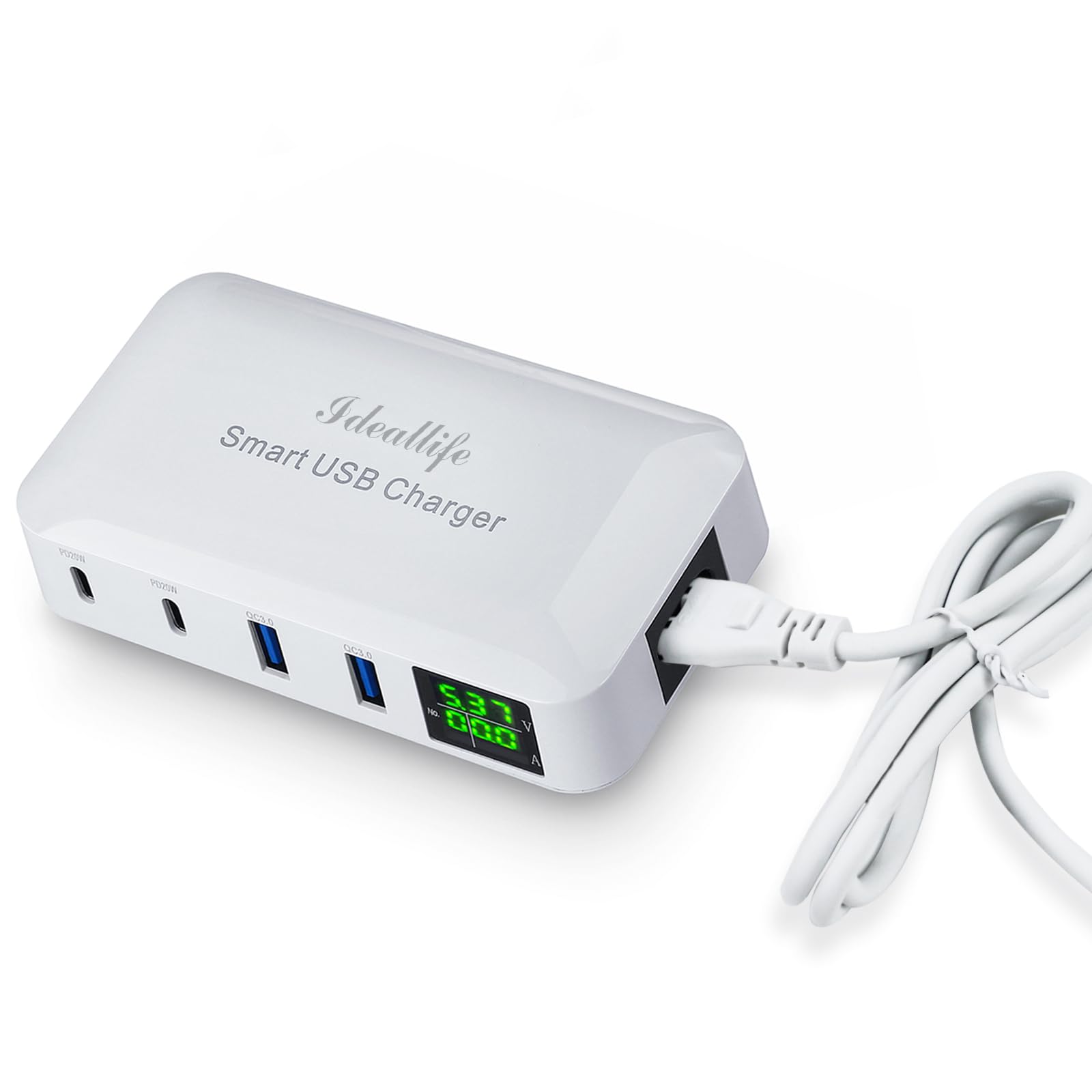 ideallife 70W 12A 4-Port USB Charging Station - Super Fast 20W PD & QC3.0 USB C Hub with LCD Display for iPhone 14/13/12, iPad Pro/Air, Samsung Galaxy S23/S22, Huawei P50 - Perfect for Home, Office, Travel & Multi-Device Charging