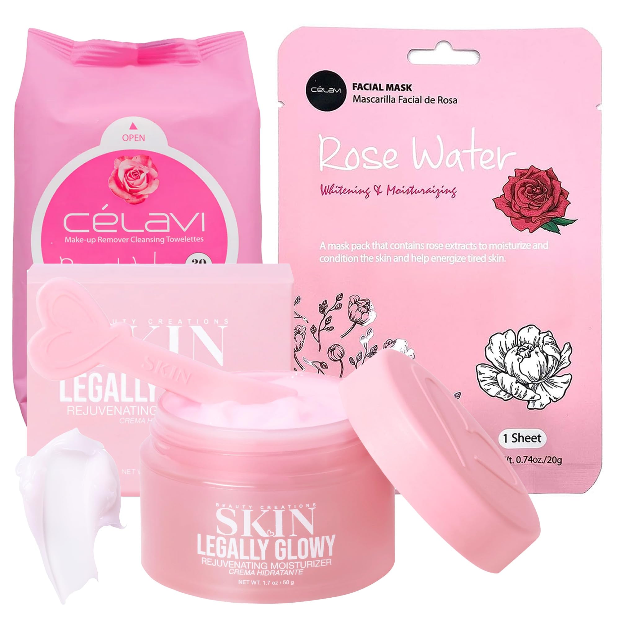 Bundle of 3 Korean Skincare Vegan Beauty Products - Legally Glowy Rejuvenating Moisturizer, Célavi Makeup Remover Cleansing Wipes & Facial Mask | Paraben, Sulfate & Oil Free | Perfect for Night Routine, Travel & Glowing Skin Care