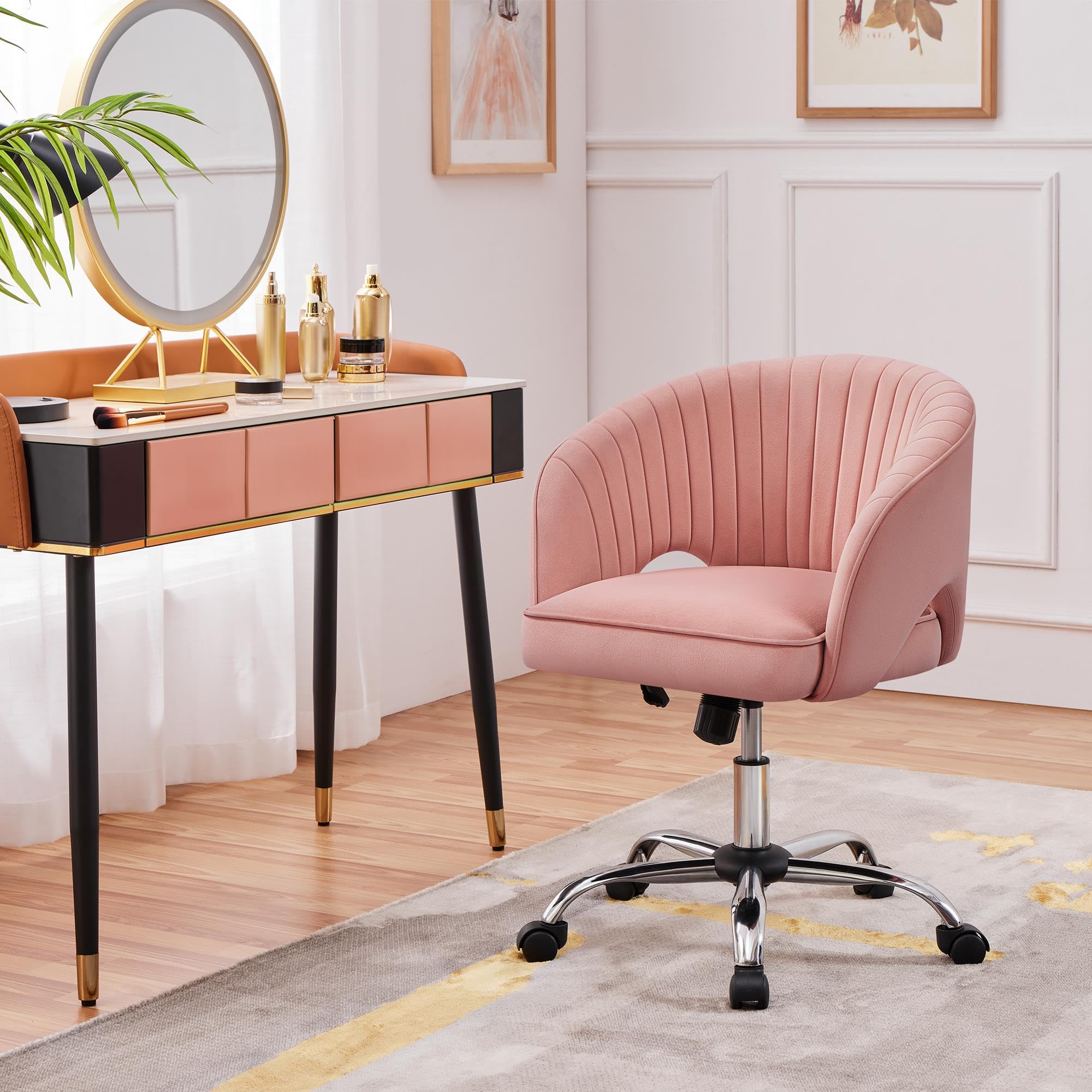 Yaheetech Pink Modern Swivel Rolling Desk Chair with Back - Ergonomic Home Office Chair, Vanity Chair for Study, Bedroom & Workspace - Comfortable Computer Chair for Women & Girls