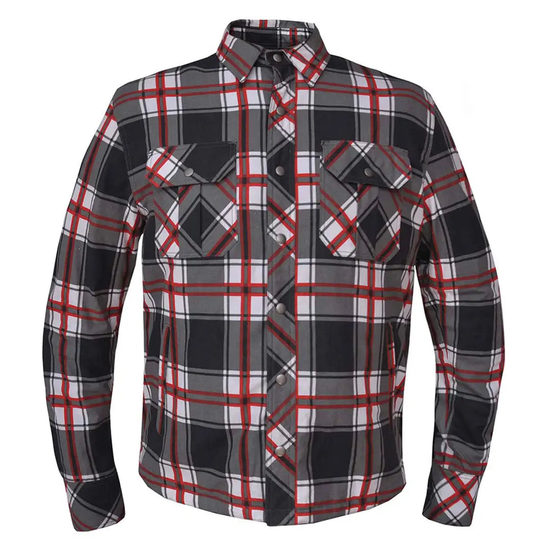 Unik International Men's Red and White Riding Flannel Armored Shirt - Motorcycle Safety Gear for Outdoor Adventure & Casual Wear
