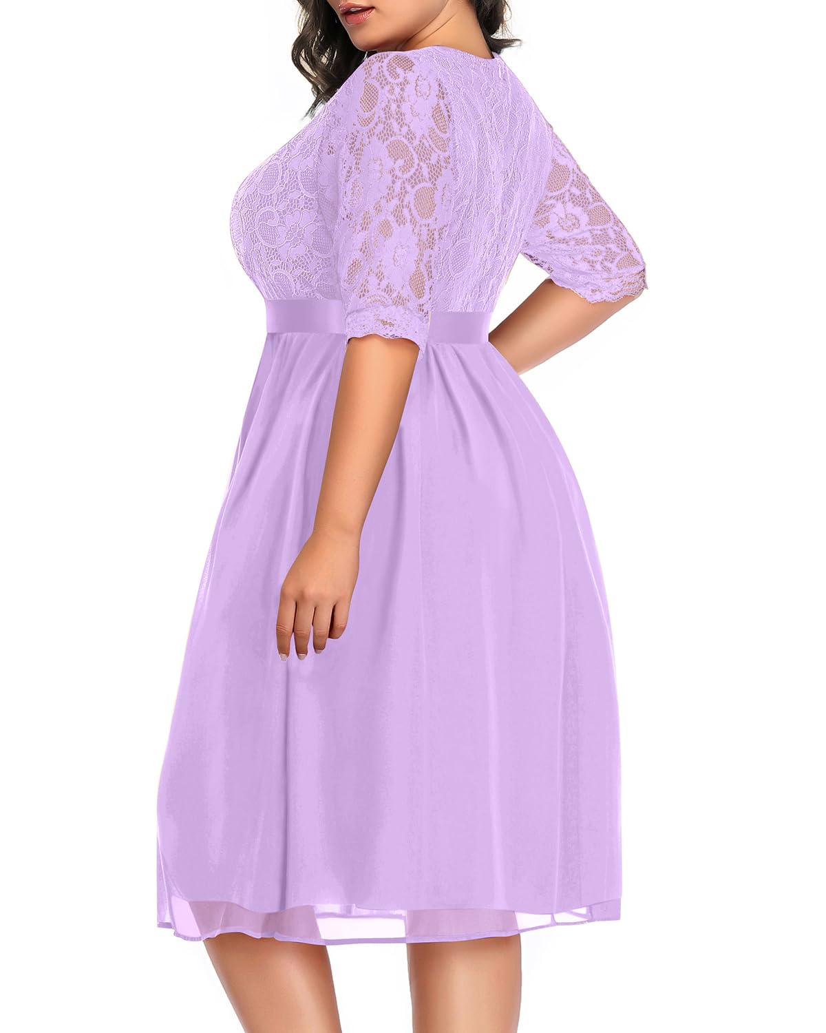 Plus Size Lace Chiffon Wrap V-Neck Cocktail Dress for Women | Elegant Wedding Guest & Party Midi Dress | Perfect for Special Occasions, Date Nights & Formal Events