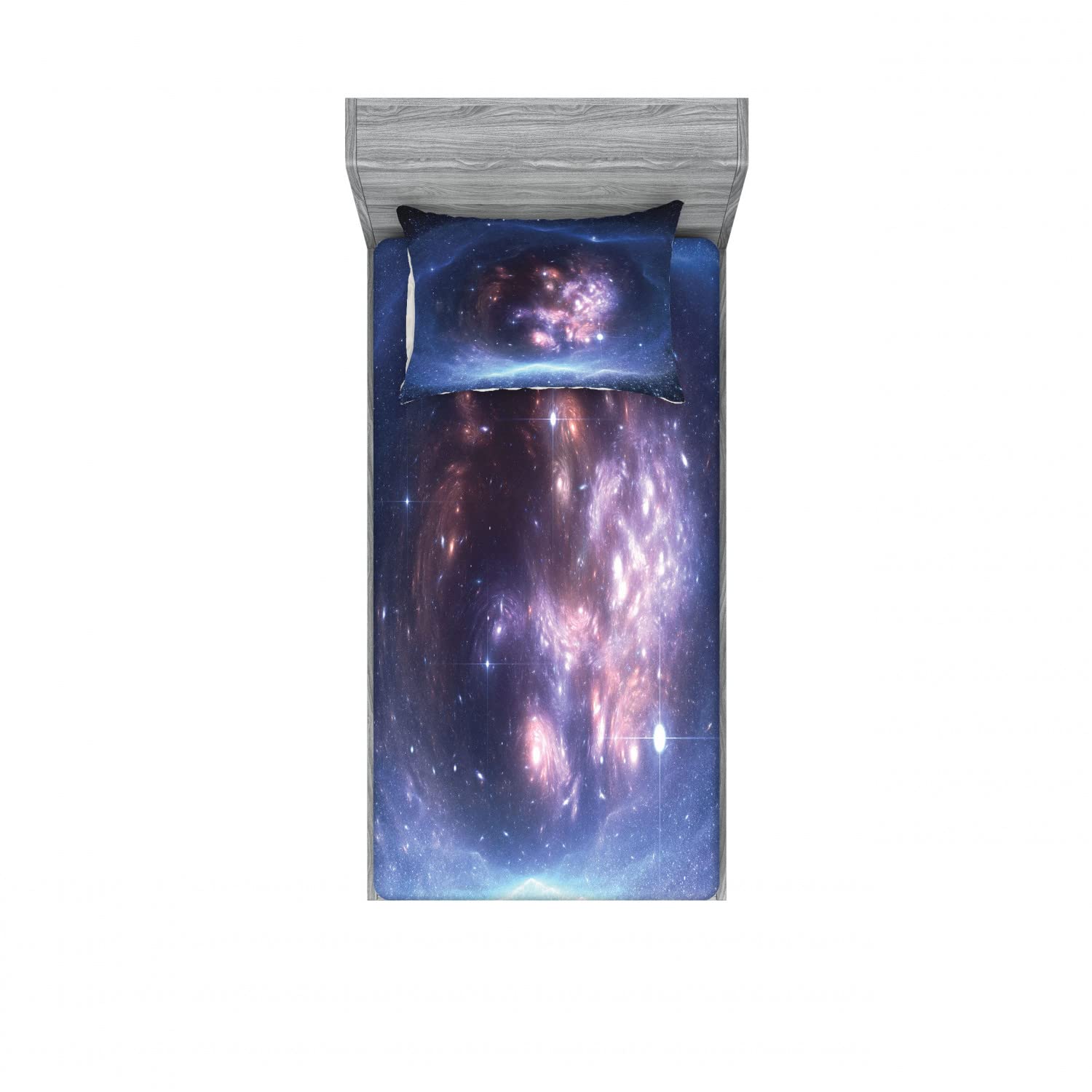 Ambesonne 2-Pack Twin Fitted Sheets & Pillow Shams Set - Galaxy Star Clusters Universe Design, 4-Piece Navy Purple Bedding Set for Kids & Teens - Perfect for Space-Themed Bedrooms & Dorm Decor