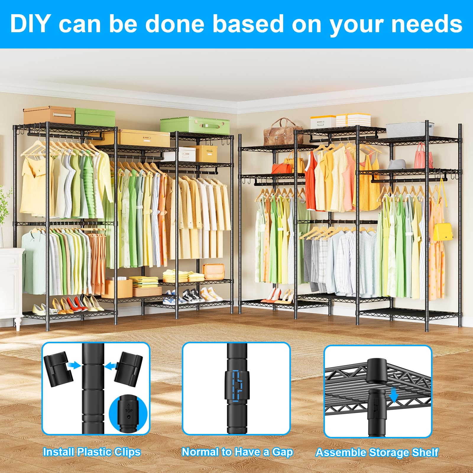 Ulif E13 Heavy Duty Clothes Rack with 4 Hanger Rods & 8 Shelves - Freestanding Adjustable Metal Garment Rack (63