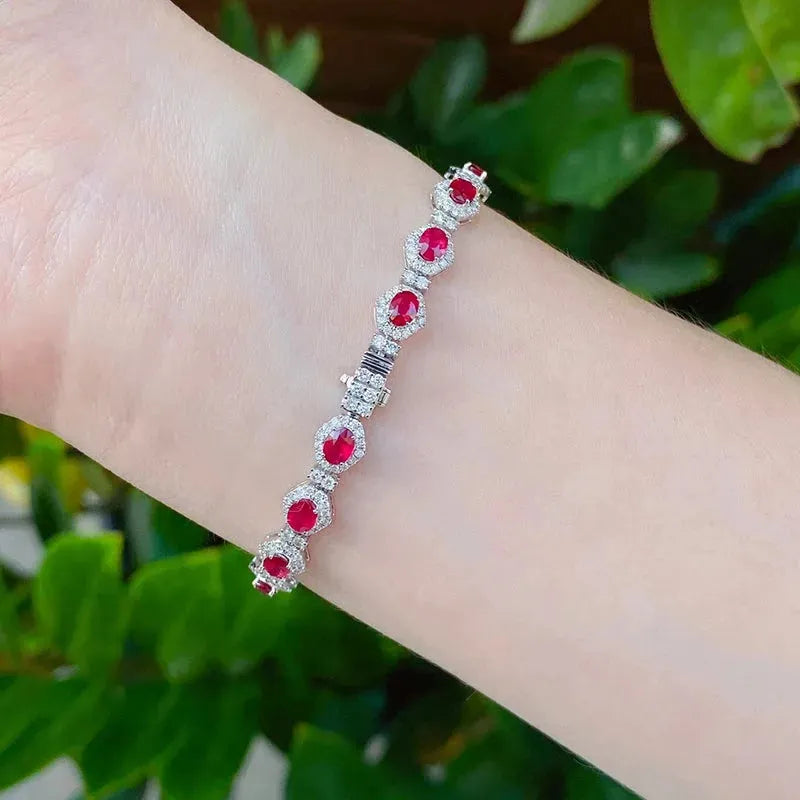 18K White Gold Bracelet with Real Natural Ruby & Shiny Diamonds - Elegant Luxury Jewelry for Women - Perfect for Senior Banquets, Weddings & Special Occasions