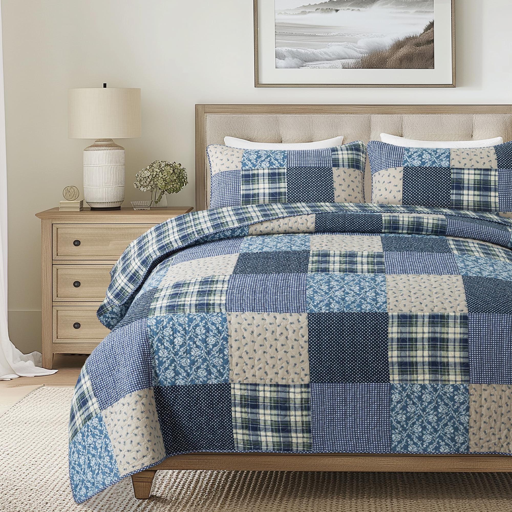 SLPR Blue Symphony Cotton Patchwork Quilt Set - Twin Size with 1 Sham | Farmhouse Style Checkered & Plaid Bedspread | Lightweight Cozy Country Bedding for Guest Rooms, Dorm Decor & Cozy Cabin Retreats