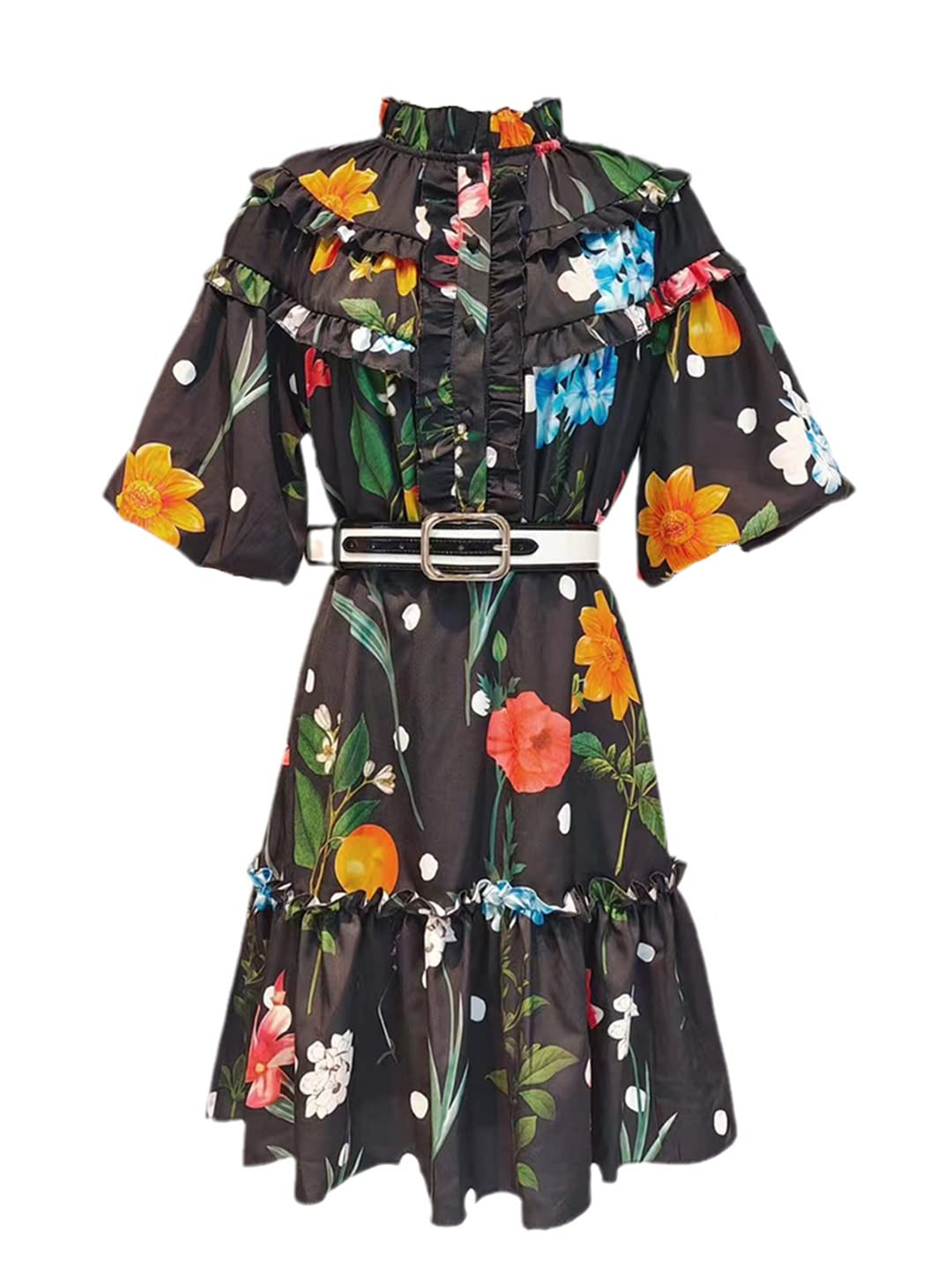 Vintage Print Colorblock Dress for Women - Stand Collar Short Sleeve High Waist Mini Dress | Perfect for Summer Outfits, Casual Wear, and Date Nights