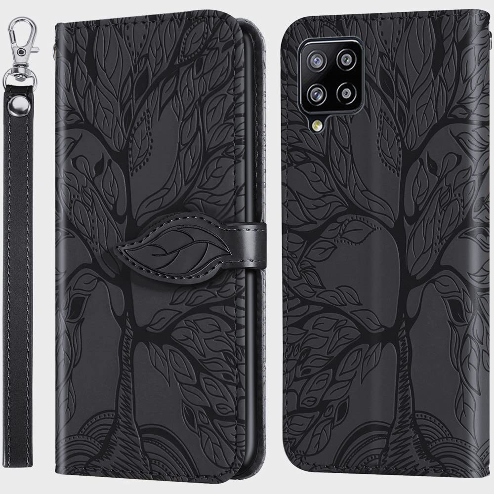 Premium PU Leather Samsung Galaxy A12 Case with Kickstand, Card Slots & Wrist Strap – 6.5 Inch Folio Flip Wallet Cover for Samsung A12 (R-Black) – Perfect for Work, Travel & Daily Protection