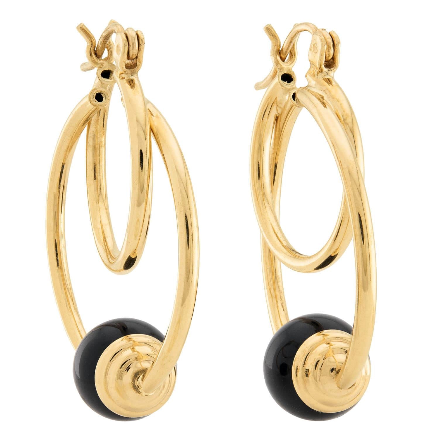 14K Gold Onyx Double Hoop Earrings for Women - Elegant Dangle Drop Earrings for Party, Wedding & Everyday Wear