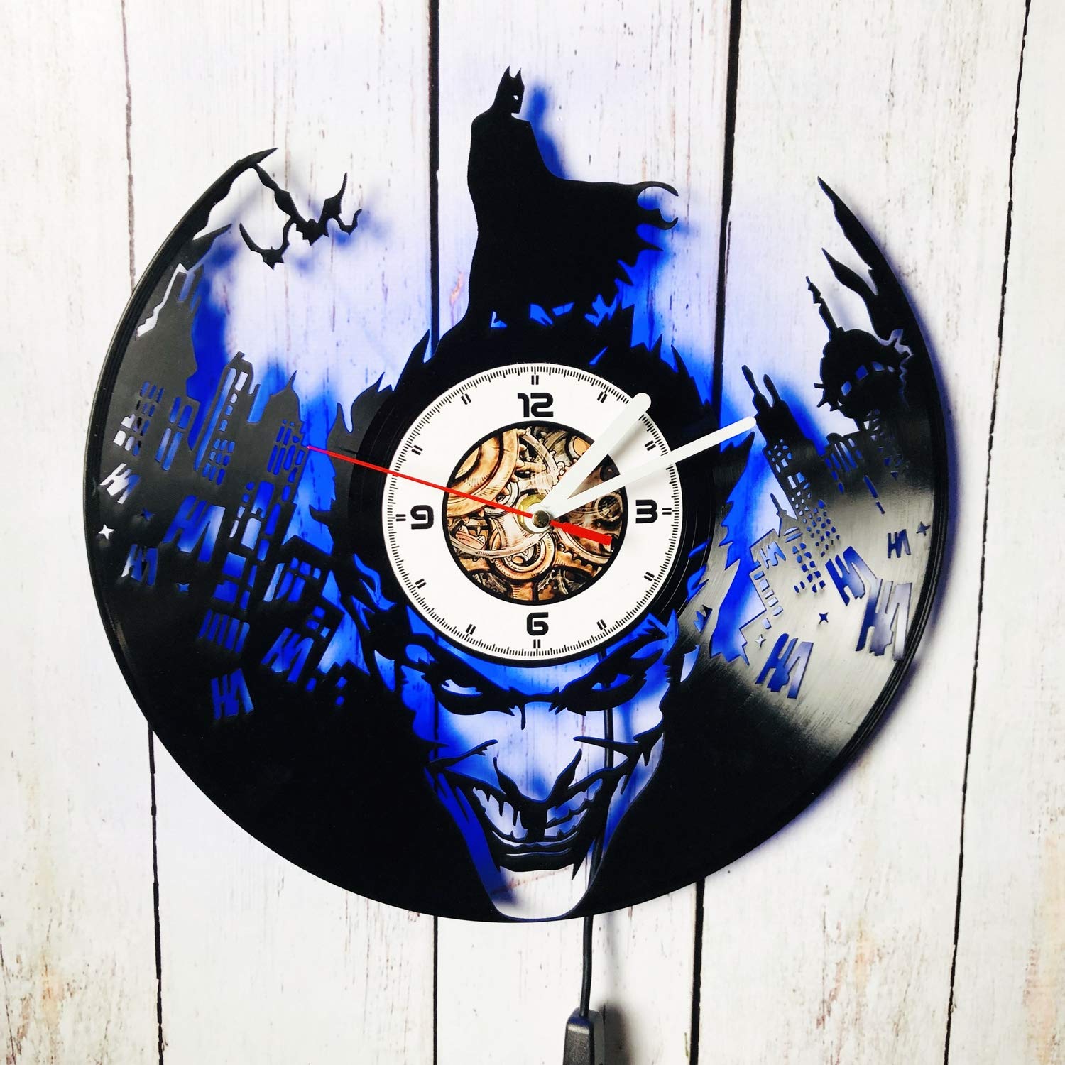 Joker & Batman LED Backlit Vinyl Wall Clock - Blue Glow Night Light for Living Room Decor | DC Comics Themed Bedroom, Game Room & Home Theater Lighting Accessory