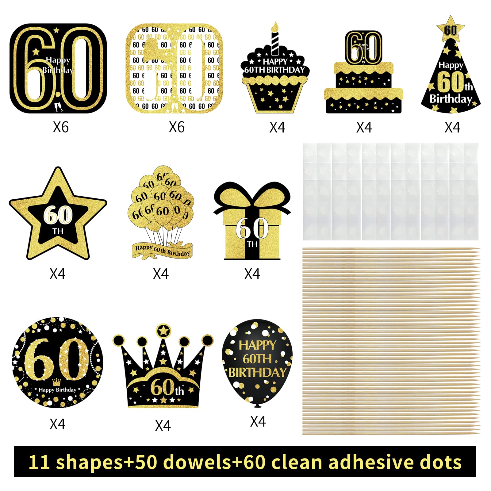 48pcs Gold 60th Birthday Cupcake Toppers Decorations for Men & Women - Happy Sixty Birthday Cake Topper Party Supplies - Perfect for Anniversary Celebrations, Retirement Parties & Milestone Events