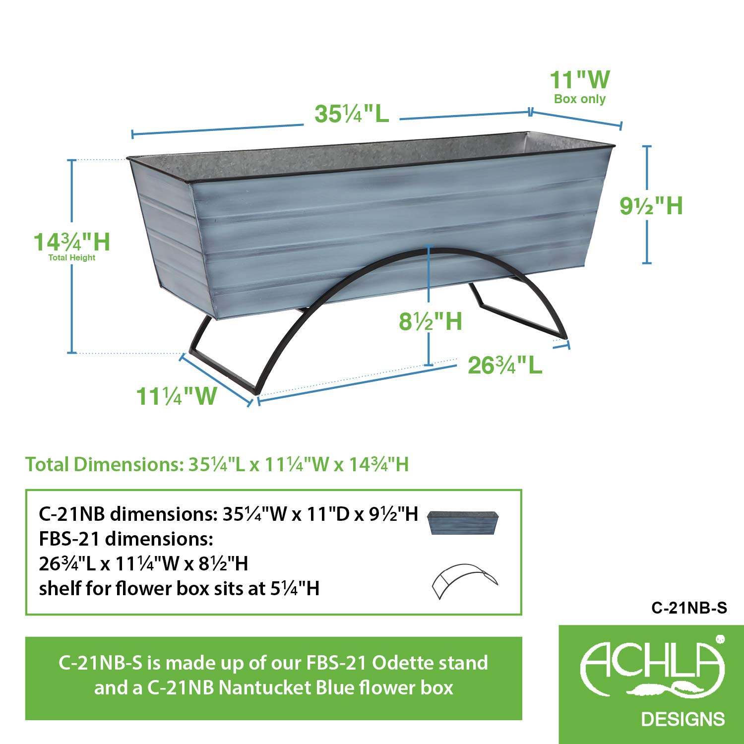 Achla Designs Odette Stand with Large Blue Flower Box - Outdoor Garden Decor for Patio, Balcony, and Porch