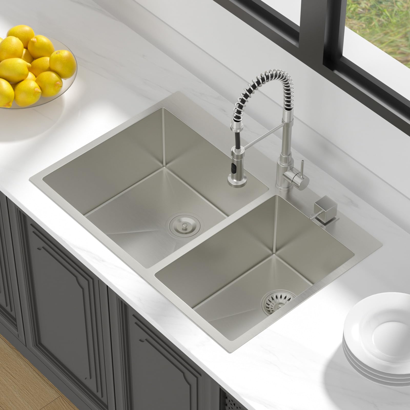 Lordear 33-inch Double Bowl Topmount Kitchen Sink - 60/40 Split 16 Gauge Stainless Steel Drop-In Sink, Handmade Over Counter Sink (33