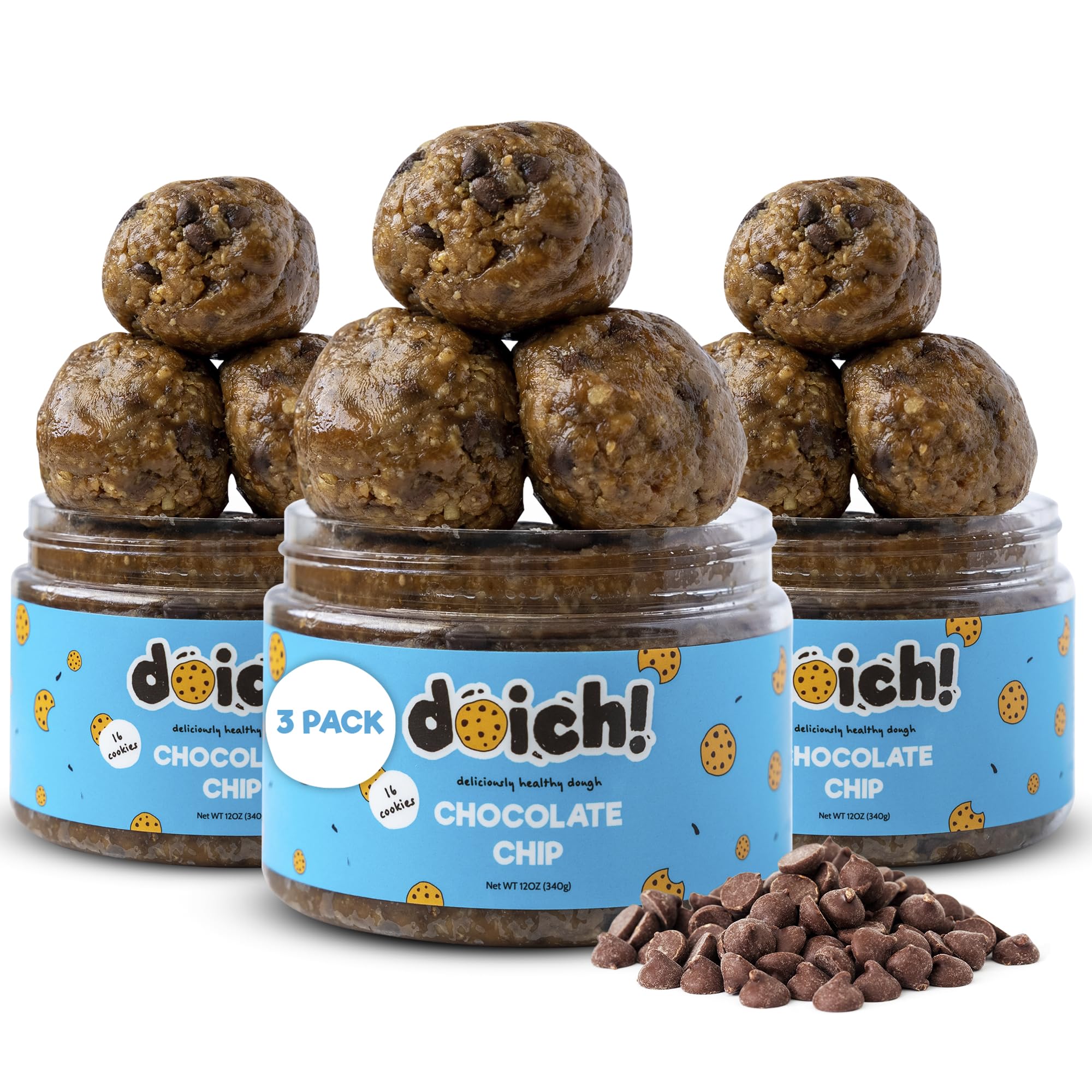 Doich Chocolate Chip Cookie Dough (3-Pack) - High Protein, Low Sugar, Gluten Free, Vegan & Kosher Healthy Cookies - Perfect for Snacking, Dessert, and On-the-Go Energy Boost