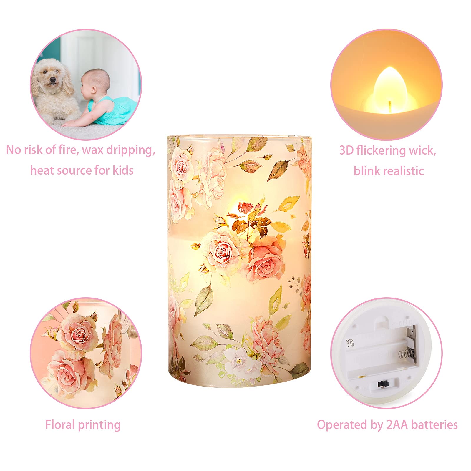 Pink Flameless LED Candles with Remote & Timer - Realistic Flickering Glass Pillar Candles for Valentine's Day, Mother's Day Gifts, Wedding Centerpiece, Romantic Dinner Decor, Home Table Ornaments
