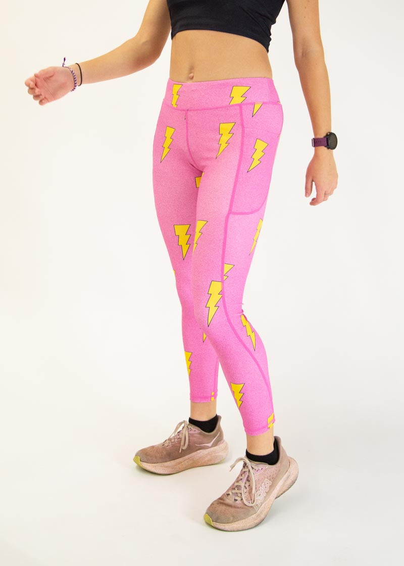 Women's High Waisted Pink Bolts Print Yoga Leggings - Soft Stretchy Workout Pants for Running, Gym & Lounge Wear