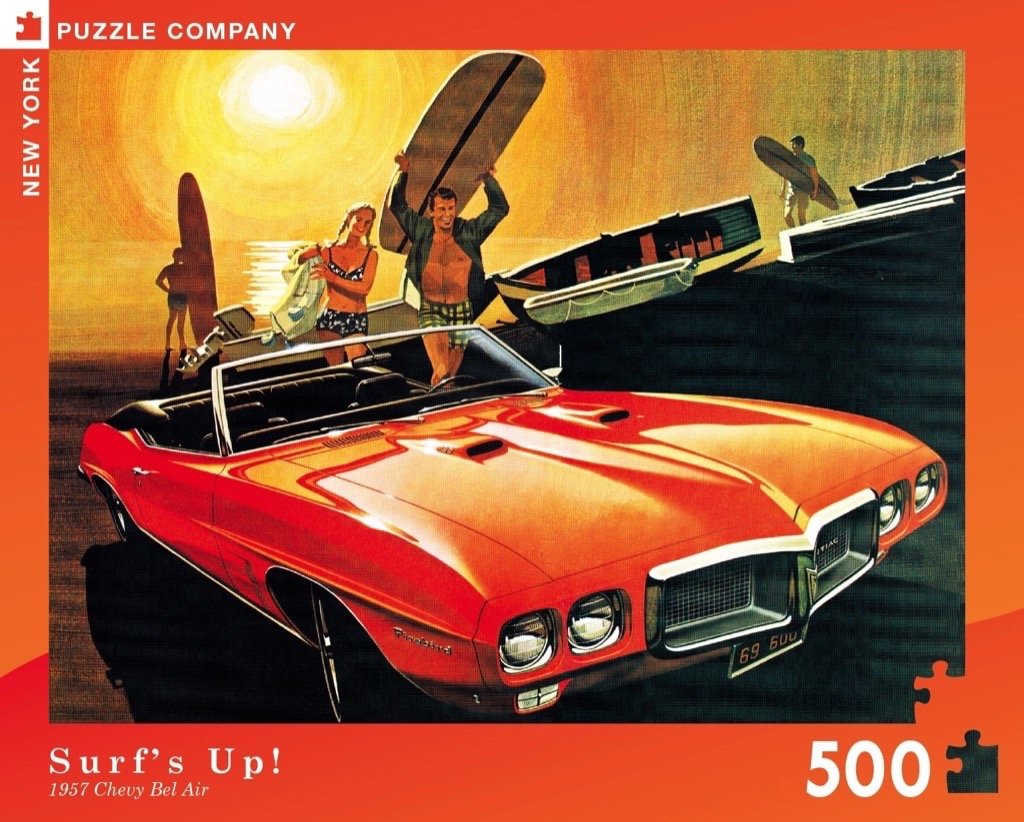 General Motors Surf's Up 500 Piece Jigsaw Puzzle by New York Puzzle Company | Vintage Car & Beach Scene | Perfect for Family Game Night, Puzzle Collectors & Home Decor