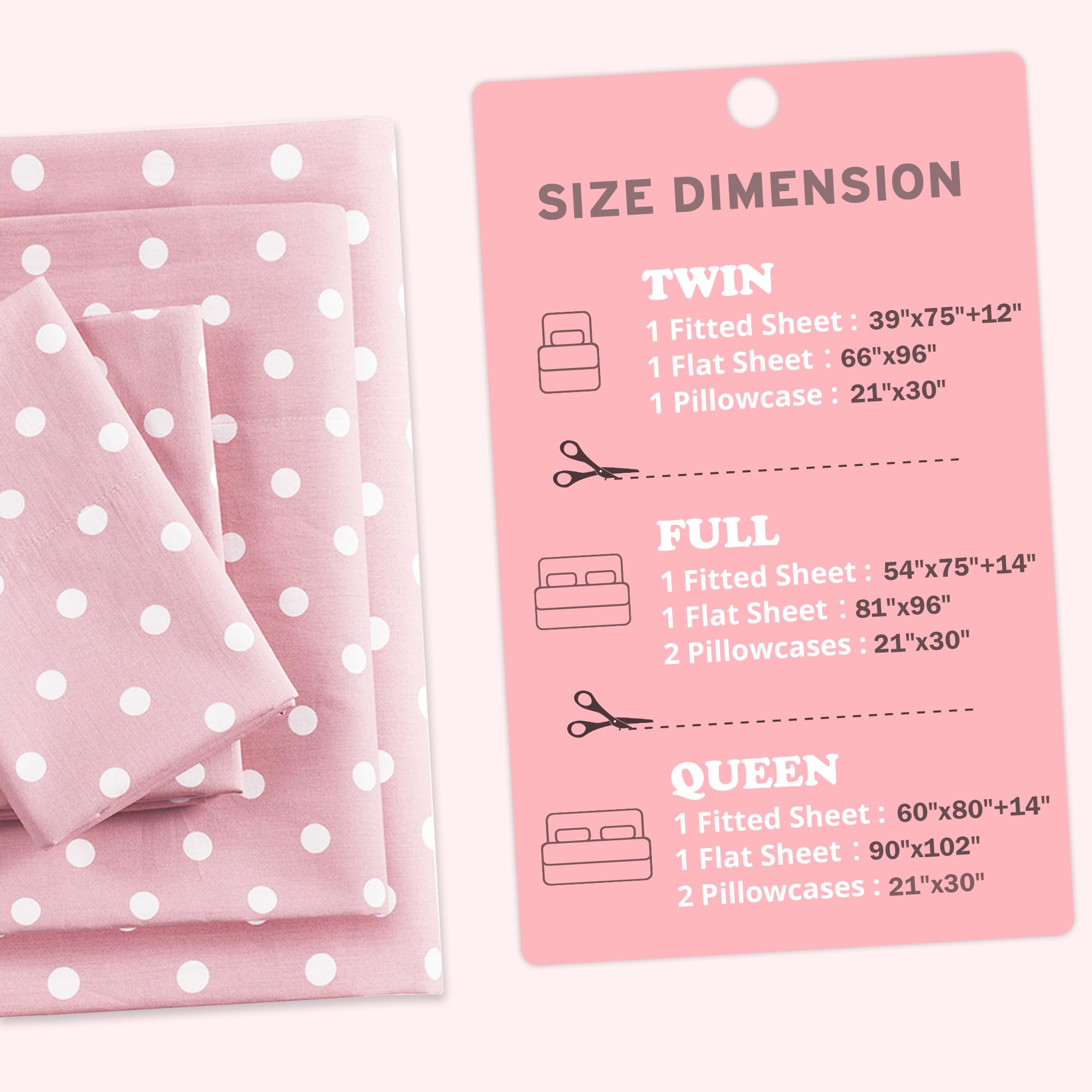 Mi Zone Pink Queen Size Sheet Set for Kids & Girls - 100% Cotton Percale Soft Polka Dot Bedding Set (Flat Sheet, Fitted Sheet, Pillowcase) | Breathable All-Season Comfort | Fits 14