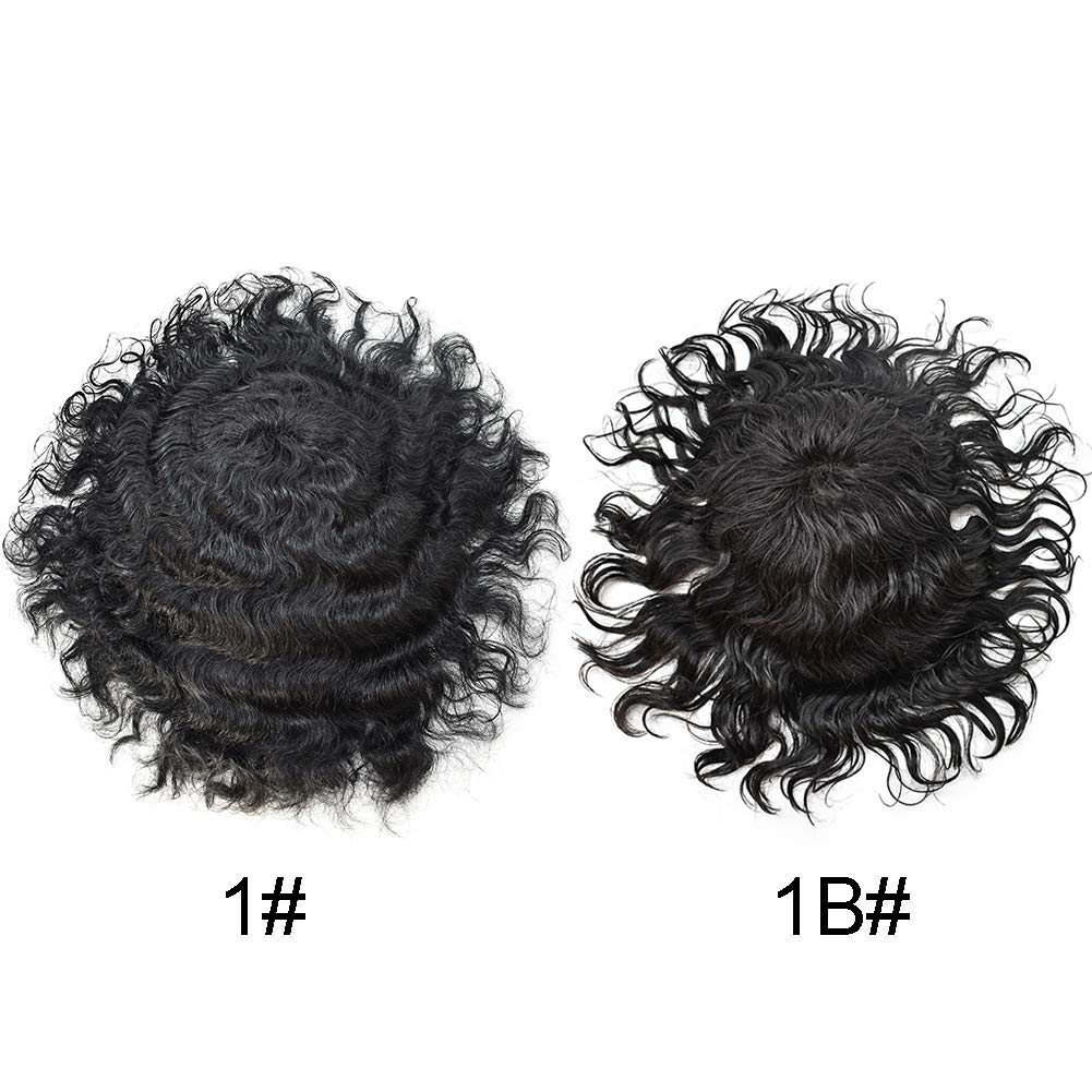 Men's Black Human Hair Toupee - Curly Wavy Monofilament Hairpiece with Poly Skin NPU Base | 20MM Wave 6