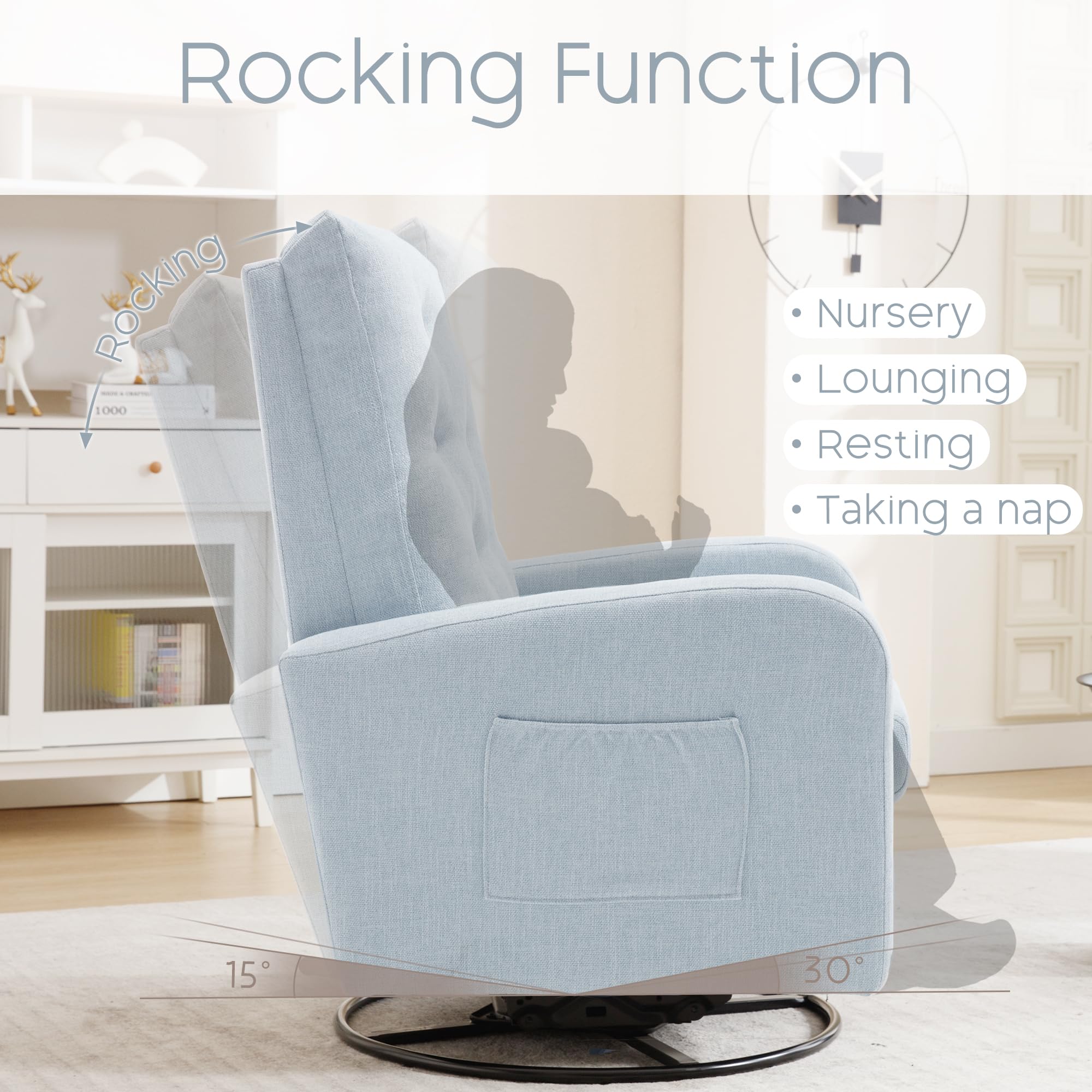Modern Swivel Rocking Chair - Upholstered Linen Glider with Padded Armrests, Nursery Accent Chair for Living Room & Bedroom (Blue) | Perfect for Nursing, Reading & Relaxing in Nursery, Living Space or Bedroom