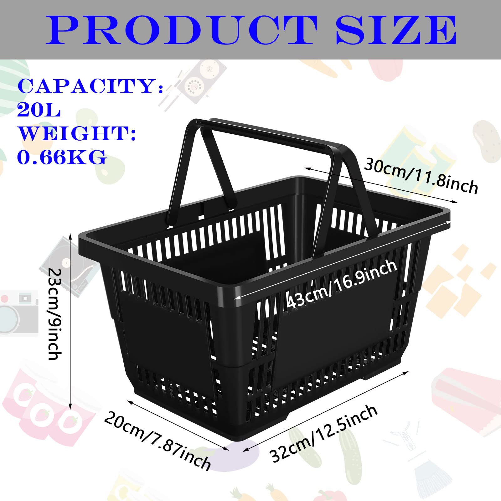 Macarrie 12 Pack 20L Plastic Shopping Baskets with Handles - 16.9 x 11.8 x 9.1 Inches, Durable Black Storage Bins for Grocery Store, Retail, Home Organization & Laundry Room