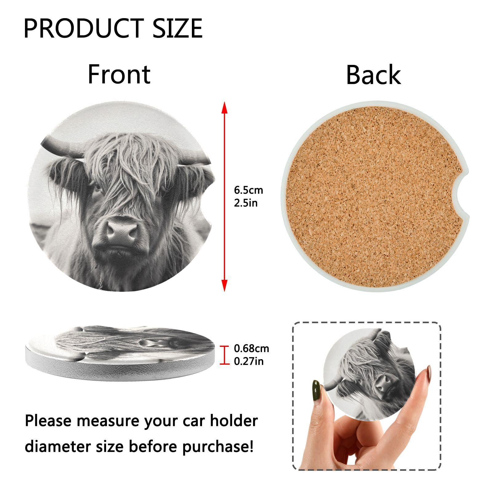 Highland Cow Car Coasters 2 Pack - Absorbent Ceramic Stone Cup Holders with Non-Slip Grip for Car, Truck & SUV - Cute Scottish Themed Drink Coasters for Coffee, Soda & Beverages