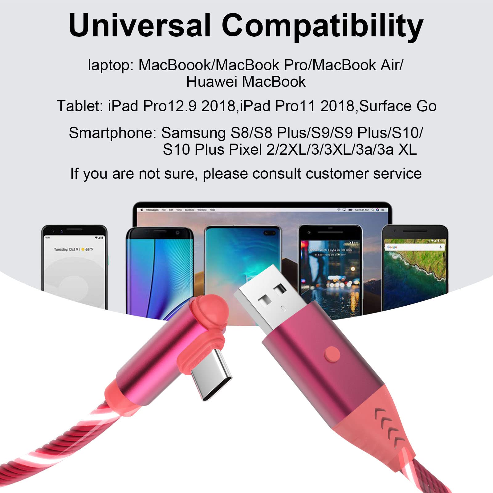 Toxaoii LED Light Up USB C Charging Cable - Right Angle 5FT Fast Charger Cord for Samsung Galaxy S24/S23, Bose Sleepbuds 3, Beats Studio Buds - Perfect for Night Use, Gaming & Travel (Red)