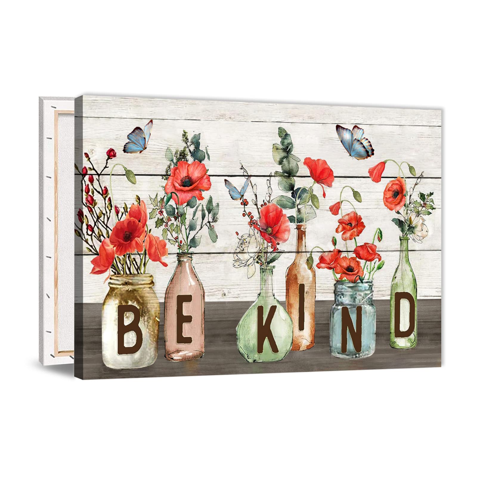 Farmhouse Decor Wall Art - Rustic Mason Jar & Flower Painting, Vintage Style 24x16 Inch Ready to Hang - Perfect for Living Room, Bathroom & Country Home Decor