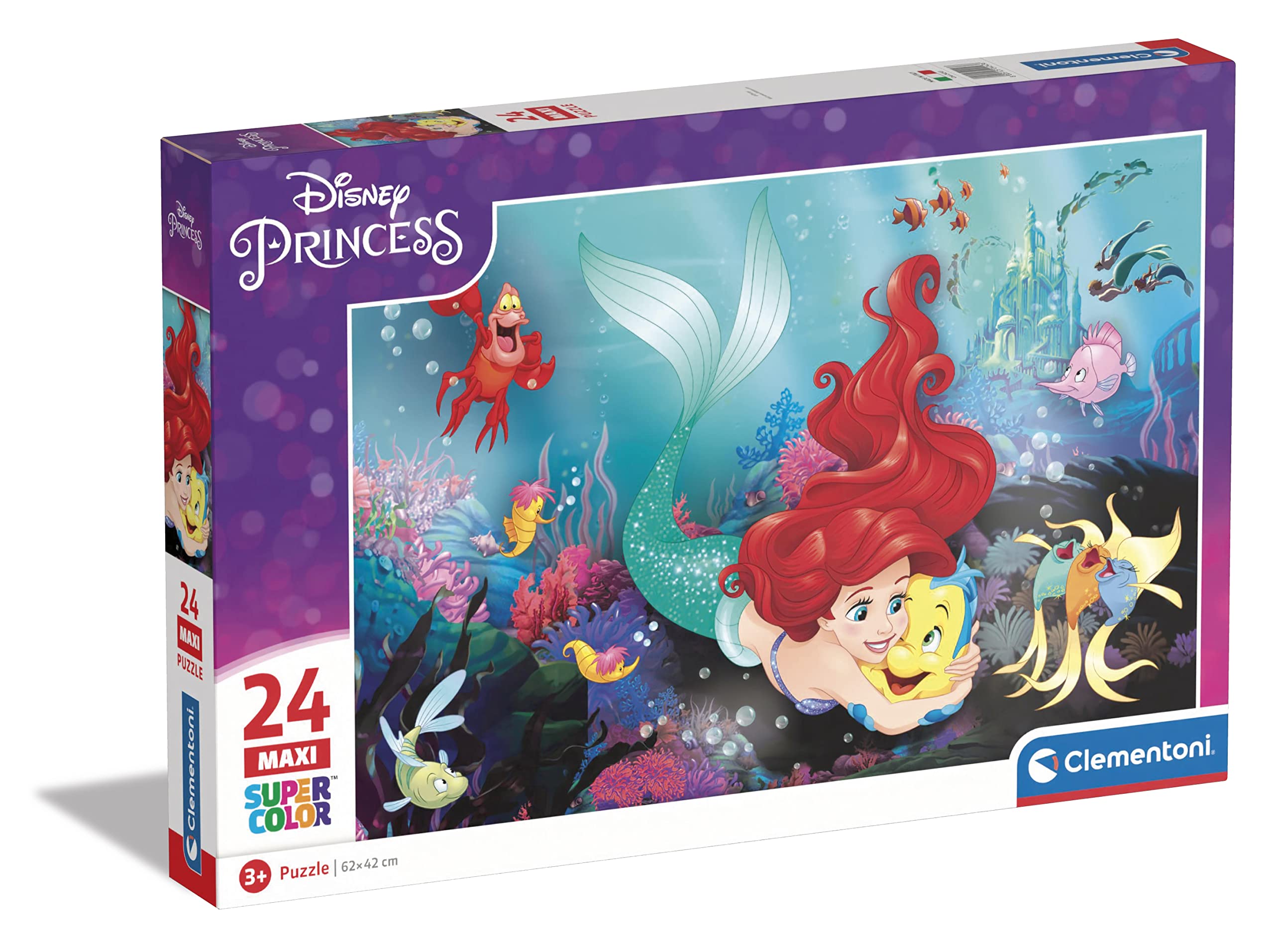 Clementoni Supercolor Puzzle - The Little Mermaid 24-Piece Jumbo Puzzle for Kids Age 3+, Cartoon Puzzle Made in Italy - Perfect for Early Learning, Birthday Gifts & Family Bonding Activities