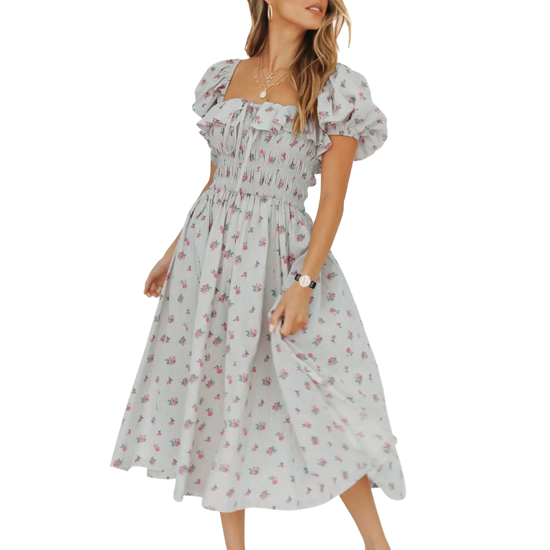 WERLIKE Women's Floral Print Square Neck Puff Sleeve Vintage Midi Dress with Ruffle Hem - Perfect for Summer Weddings, Garden Parties & Casual Outings