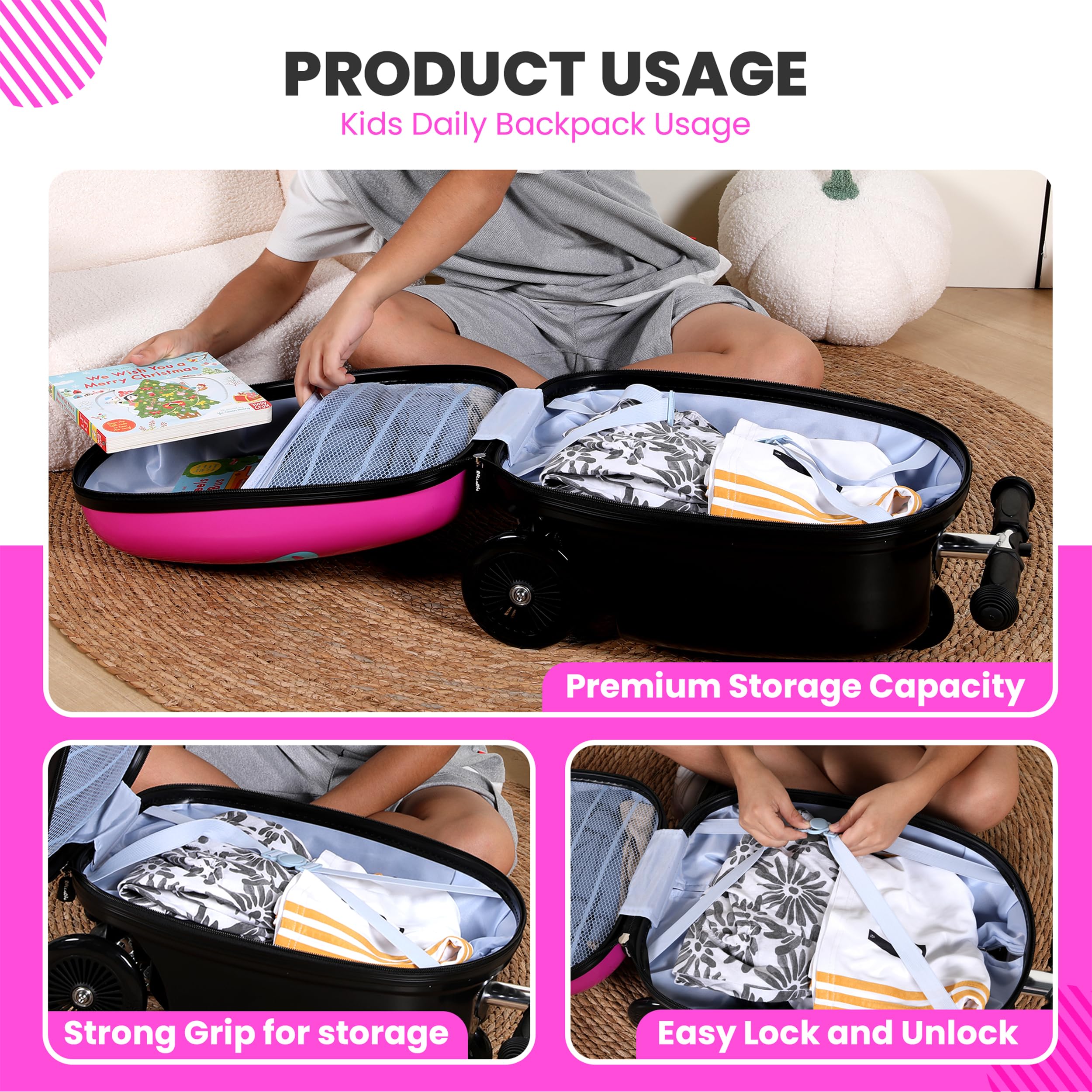 **Owl Kids Scooter Suitcase - Foldable Ride-On Luggage with Wheels for Travel - Durable 110LB Capacity Carry-On with Easy-Grip Handle & Secure Locks - Perfect for Airports, Vacations & Kids' Adventures**