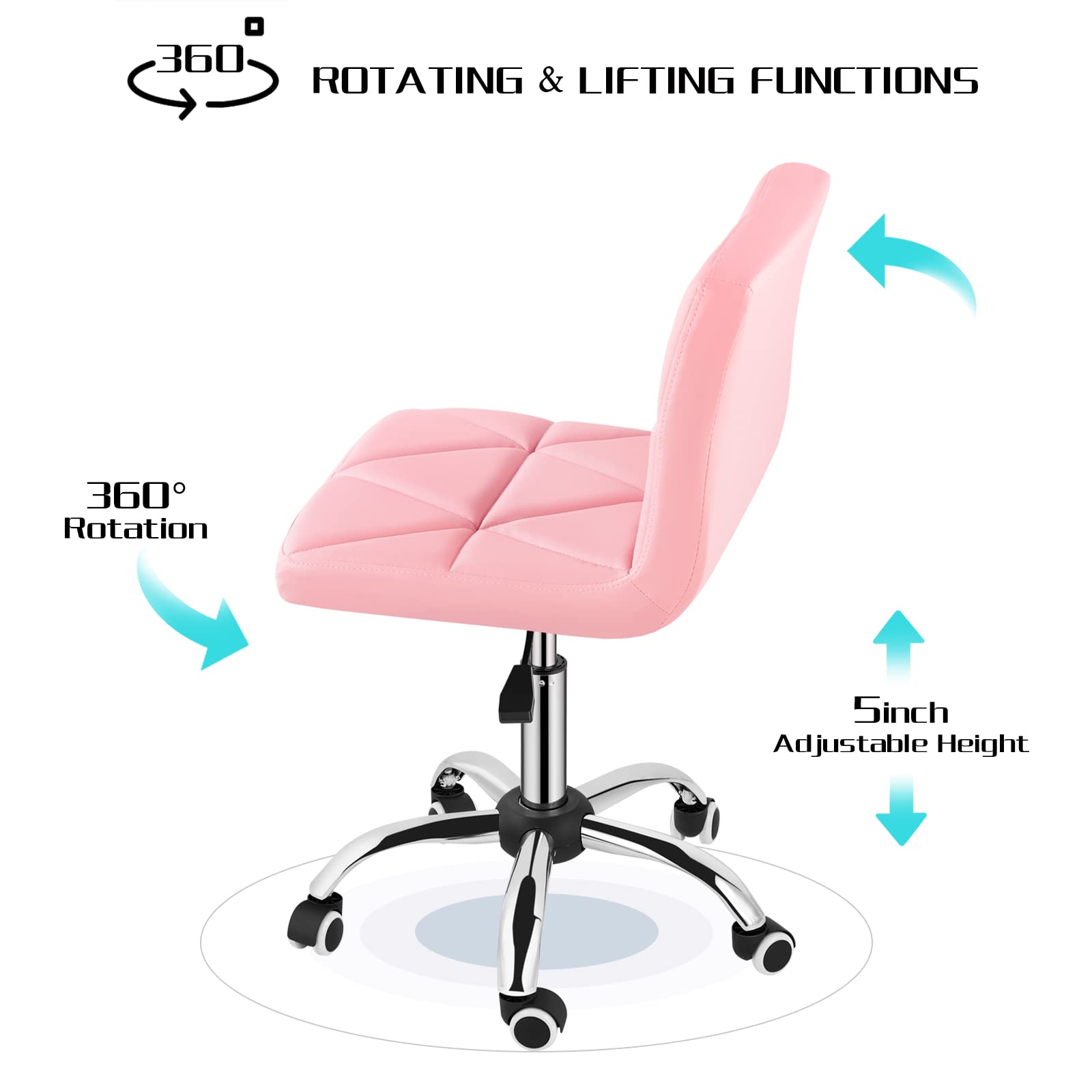 2-Pack COSVALVE Armless Low Back Swivel Office Chairs - Adjustable Task Chairs with Rolling Wheels & Diamond Pattern - Perfect for Home Office, Computer Work & Barber Shops (Pink)