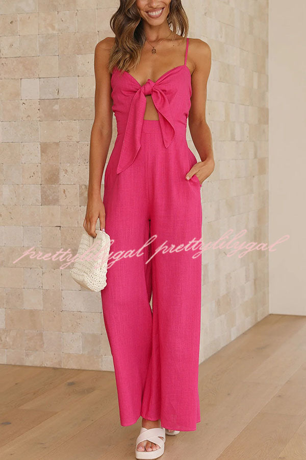 Vrinda Women's Adjustable Tie Smocked Back Jumpsuit with Pockets - Casual Summer Romper for Beach, Travel & Everyday Wear