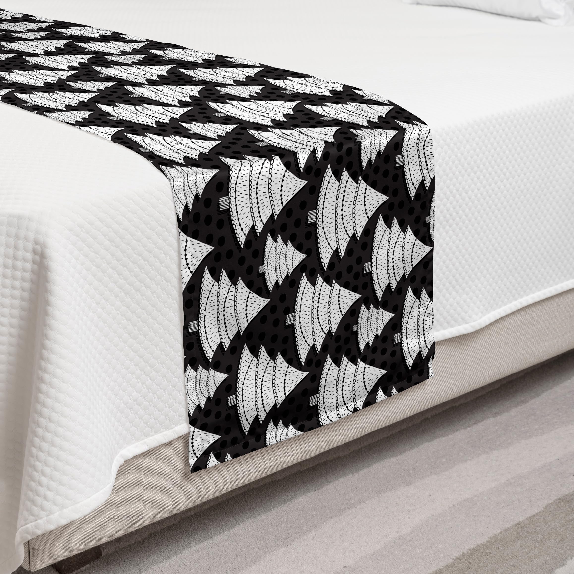 Ambesonne Christmas Bed Runner - Monochrome Print Repeating Ornate Trees with Polka Dots Backdrop, Decorative Accent Bedding Scarf for Hotels, Homes & Guestrooms - Charcoal Grey & White - Perfect for Holiday Decor, Winter Bedroom Styling and Festive Home Accents
