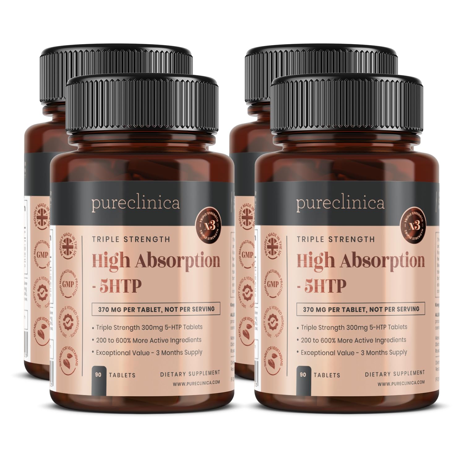 5HTP 300mg x 360 Tablets (4 Bottles of 90) - 12 Month Supply with Vitamin C, B6 & Black Pepper Extract | Stress Relief & Mood Support Supplement | Natural Sleep Aid & Anxiety Relief