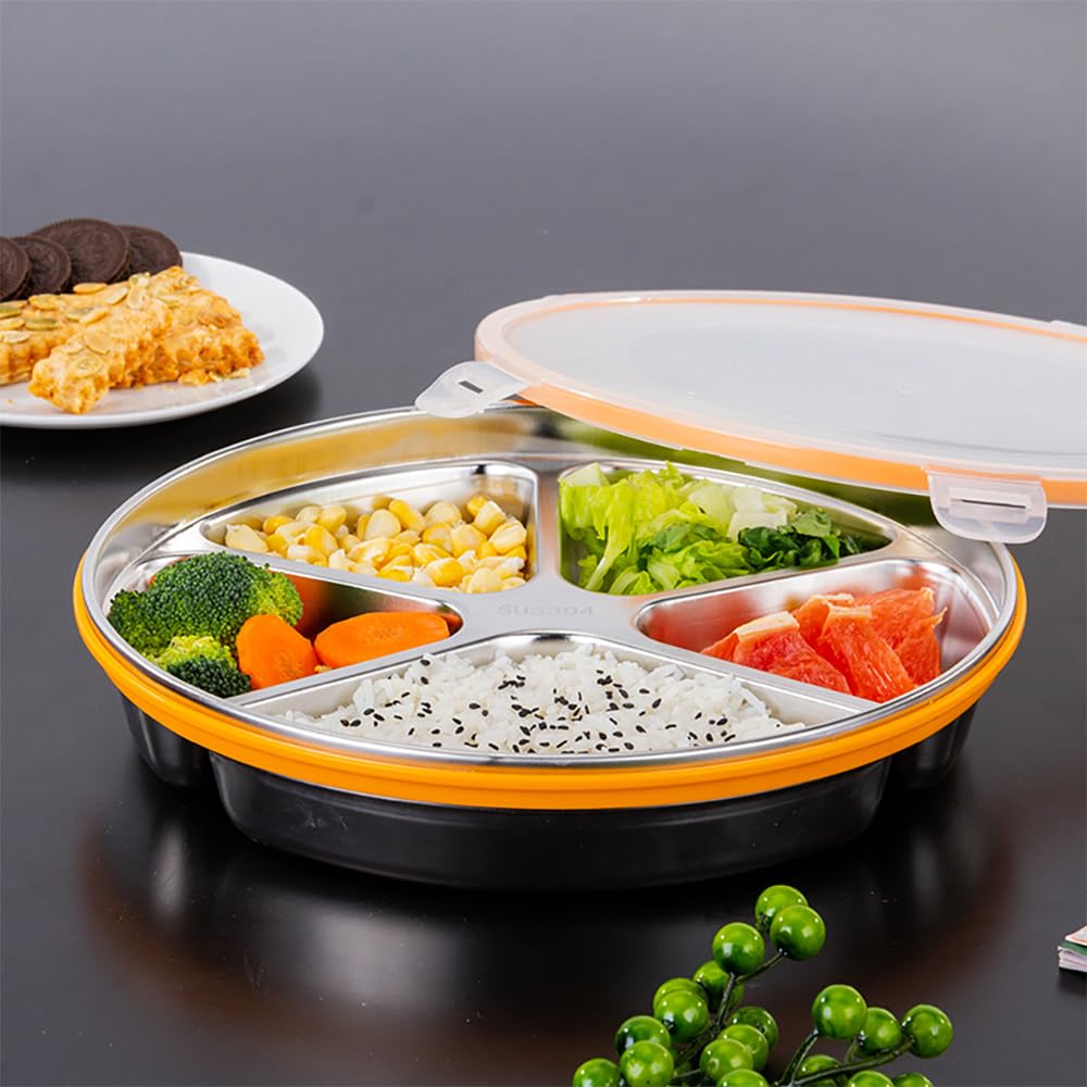 Stainless Steel Divided Serving Tray with Lid - 5 Compartment Reusable Veggie Platter & Snack Box (60oz) - Perfect for Parties, Picnics, and Meal Prep - Easy to Clean & Durable