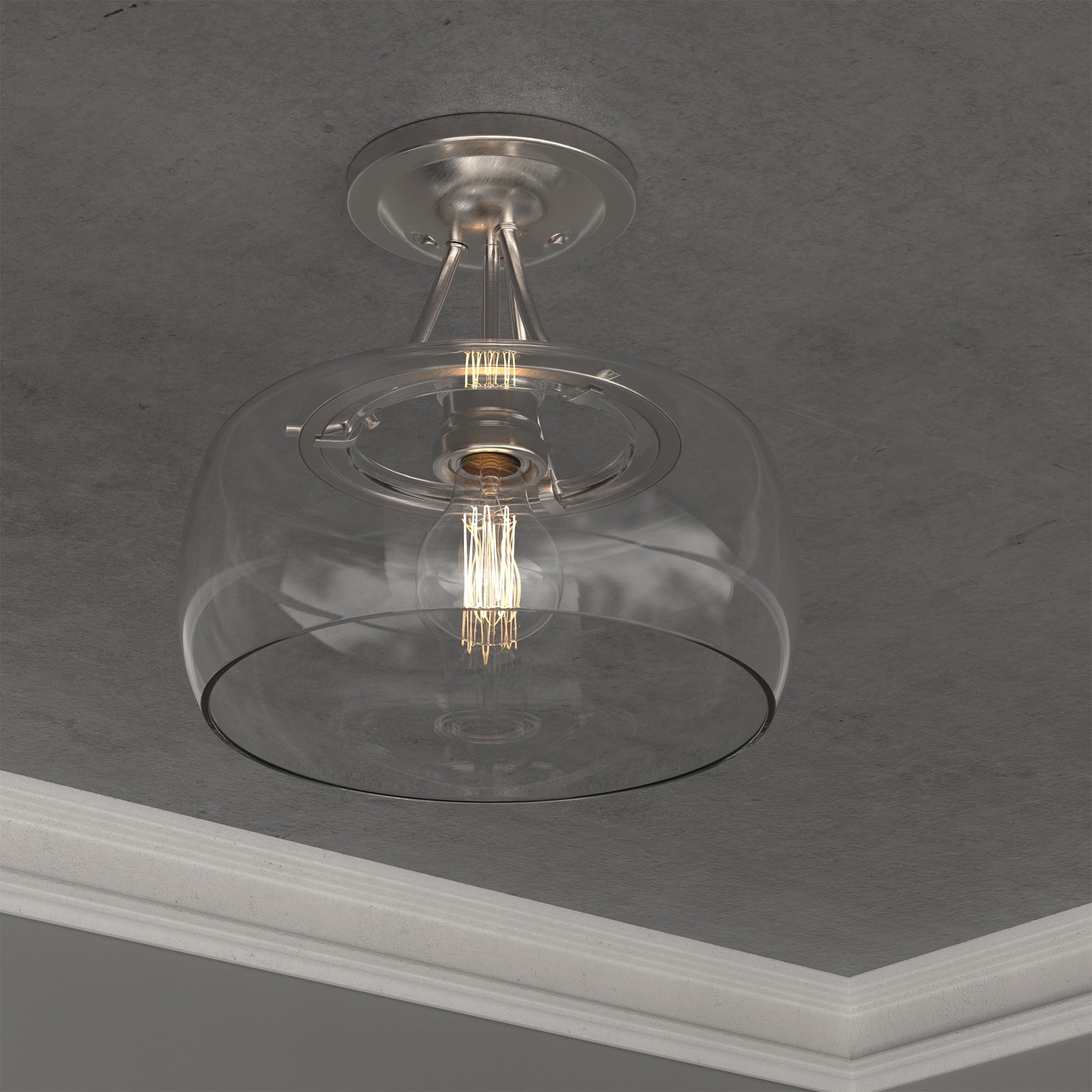 LEDMyplace 1-Light Semi Flush Mount Ceiling Light Fixture - Farmhouse Style with Clear Glass Shade & Brushed Nickel Finish - E26 Base (Bulb Not Included) - Perfect for Kitchen, Bedroom, Living Room, and Hallway Lighting