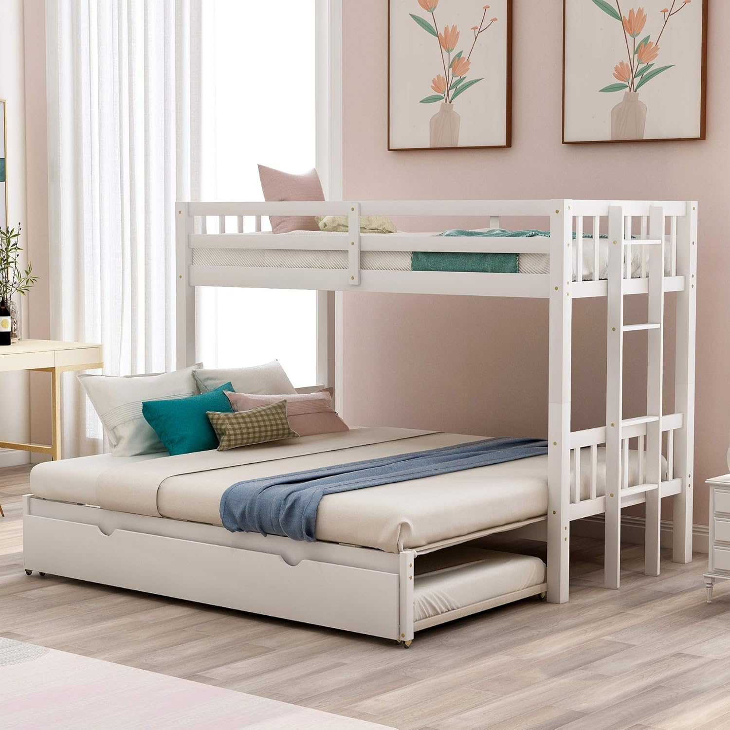 Premium Solid Wood Twin Over Twin Bunk Bed with Pull-Out Trundle - Extendable to Twin Over 2 Twin - Heavy Duty White Wooden Bunkbed for Kids & Teens - Perfect for Small Bedrooms, Guest Rooms & Vacation Homes