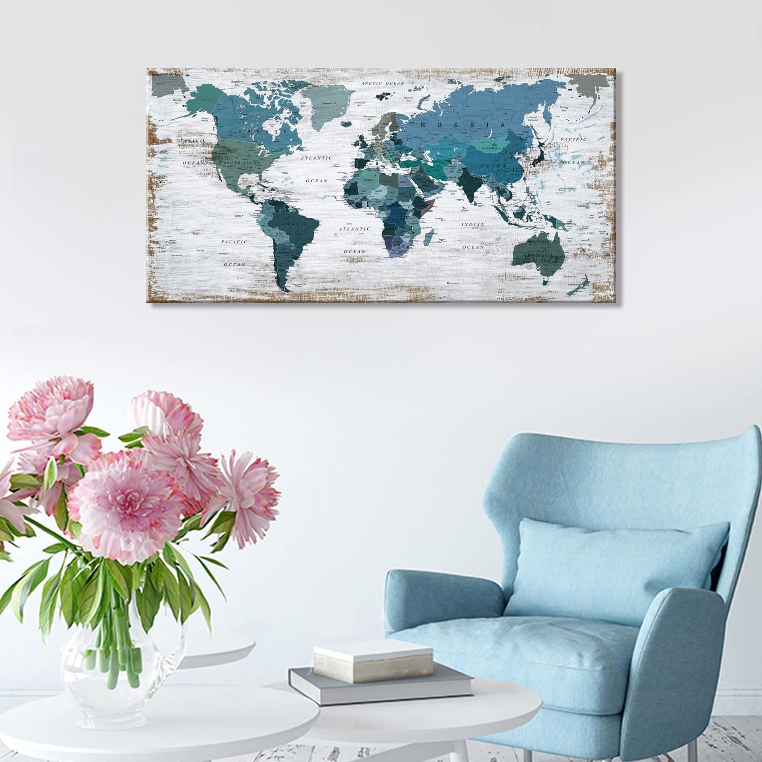 Blue Teal World Map Canvas Wall Art - 24