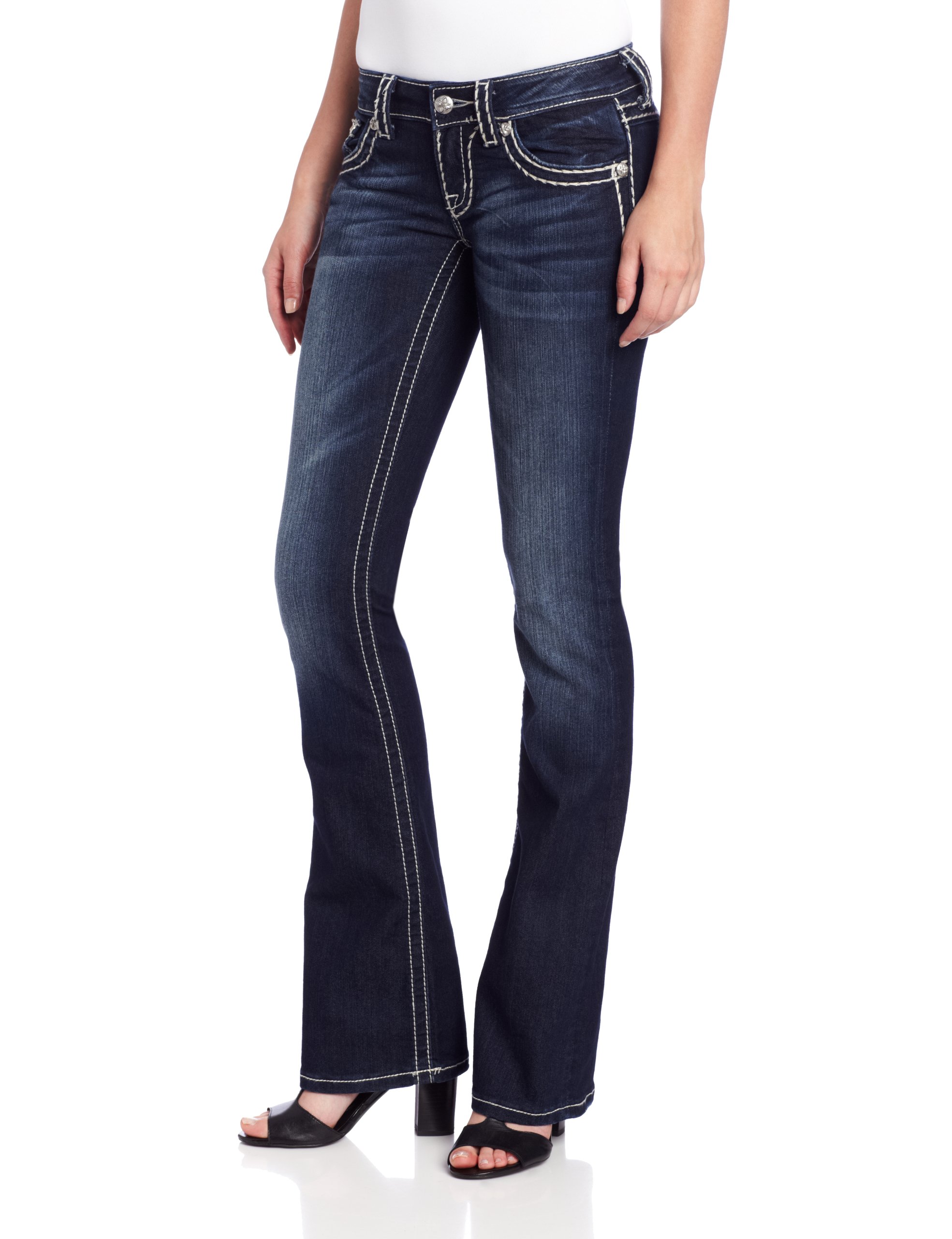 Miss Me Women's Loose Fit Saddle Stitch Border Bootcut Jeans - Comfortable Western Style Denim Pants for Casual Wear & Country Outfits