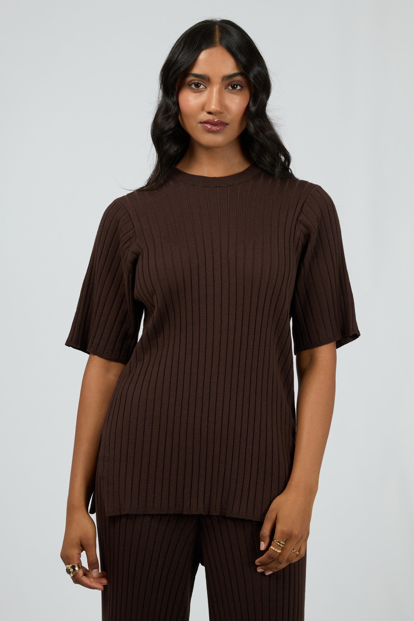 All About Eve Bianca Knit Tee Brown - Women's Casual Short Sleeve T-Shirt for Everyday Wear & Outfits