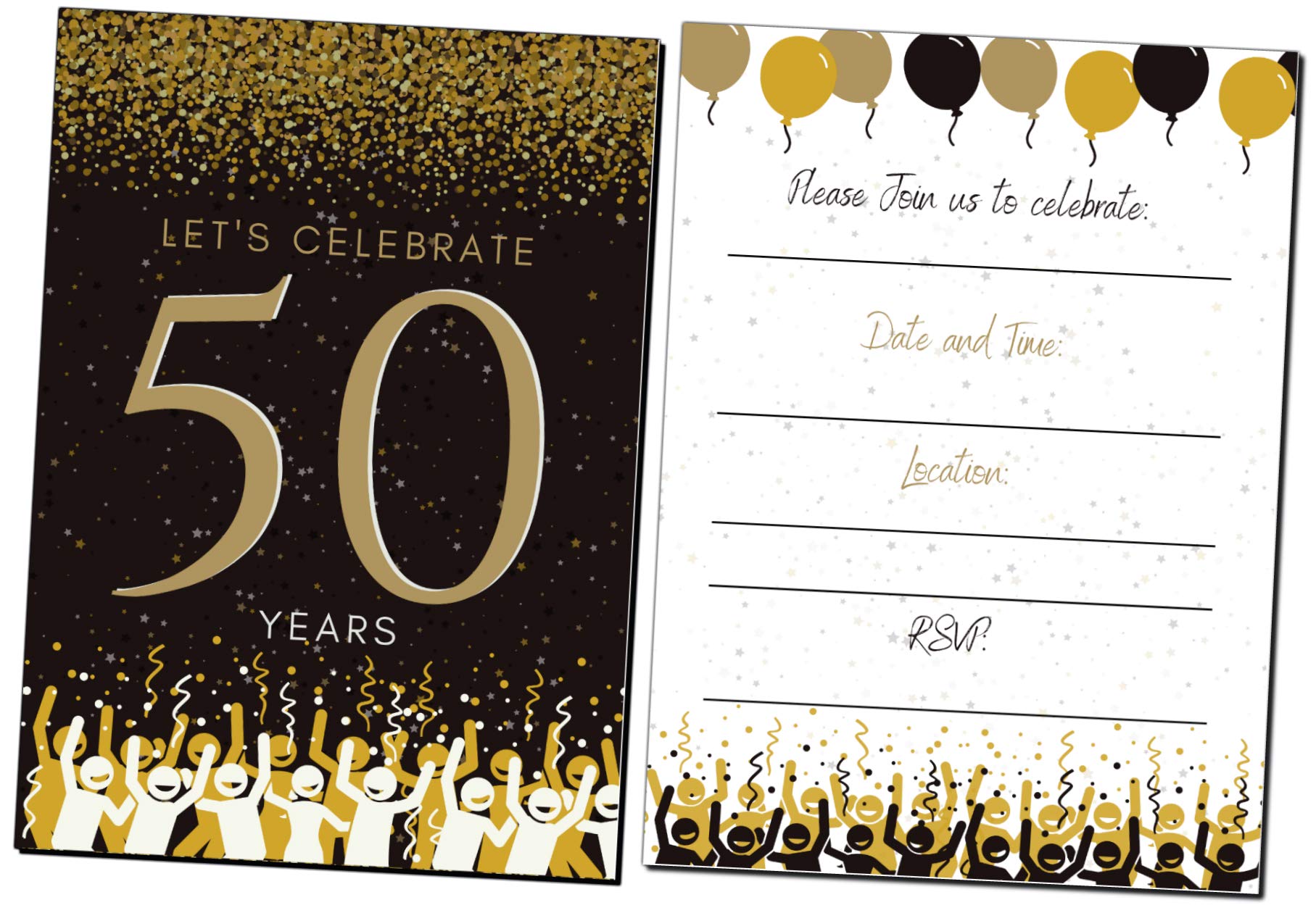 Elcer 50th Birthday Party Invitations - Elegant Black & Gold Confetti Design - 20 Count with Envelopes - Fill-in Style for Anniversary Celebrations - Perfect for Milestone Birthday Parties, Retirement Celebrations & Golden Jubilee Events
